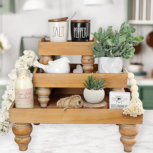 Felt Creative Home Goods - Bandeja decorativa de madera rústica con pedestal, estilo Shabby Chic vintage para cafetería, baño, isla de cocina,