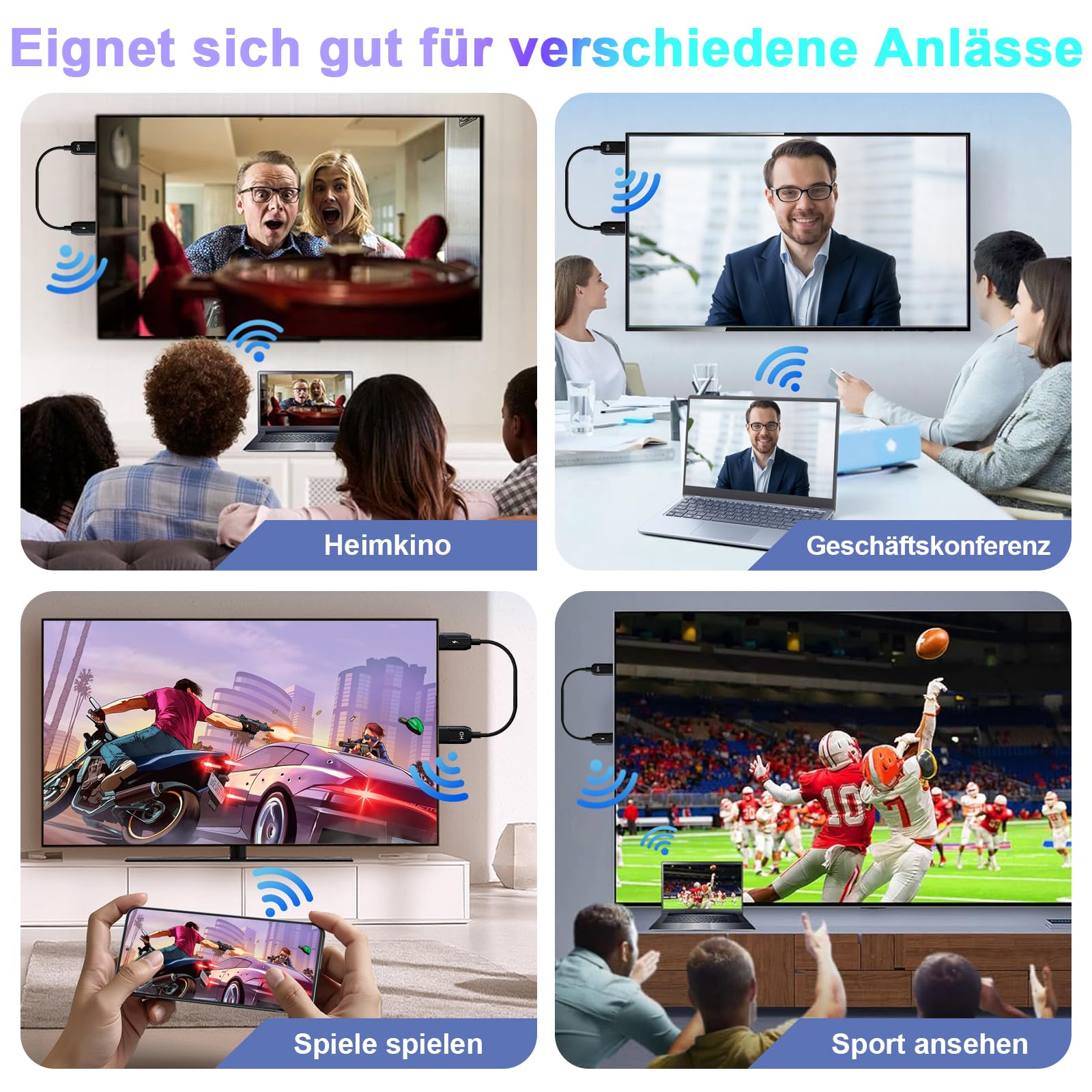 Wireless HDMI Adapter, 2.4G/5G Dual Band HD hdmi Wireless mit Miracast/AirPlay, Kompatibel mit iOS/Android/Windows/Mac, Plug & Play, Bildschirmspiegelung für TV/Monitor/Projektor