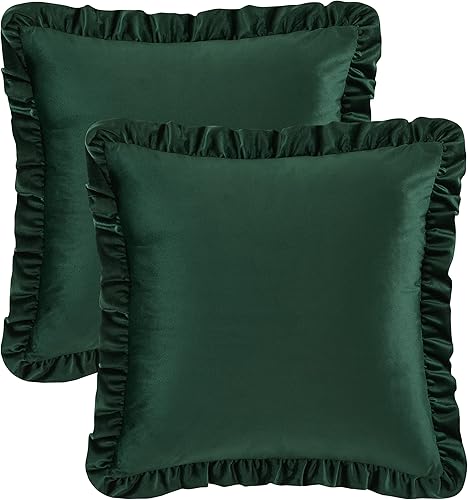 Miniatura 2 de GIGIZAZA Juego de 2 fundas de almohada decorativas de color verde militar, 22 x 22 pulgadas, fundas de almohada de terciopelo con volantes para sofá