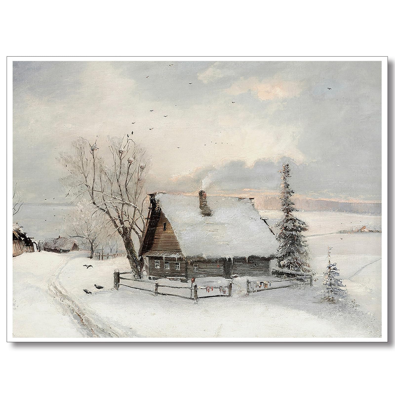 Huabsad Vintage Cottage Christmas Canvas Wall Art Retro Snow Winter Village Landscape Famous Oil Painting Art Work Prints Antique Farmhouse Aesthetic