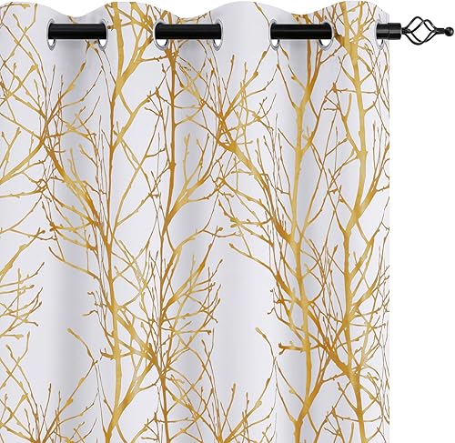 Miniatura 2 de HOMEIDEAS Cortinas opacas de árbol de oro blanco grisáceo, con diseño de ramas impresas, 52 x 84 pulgadas de largo, 2 paneles con ojales, cortinas