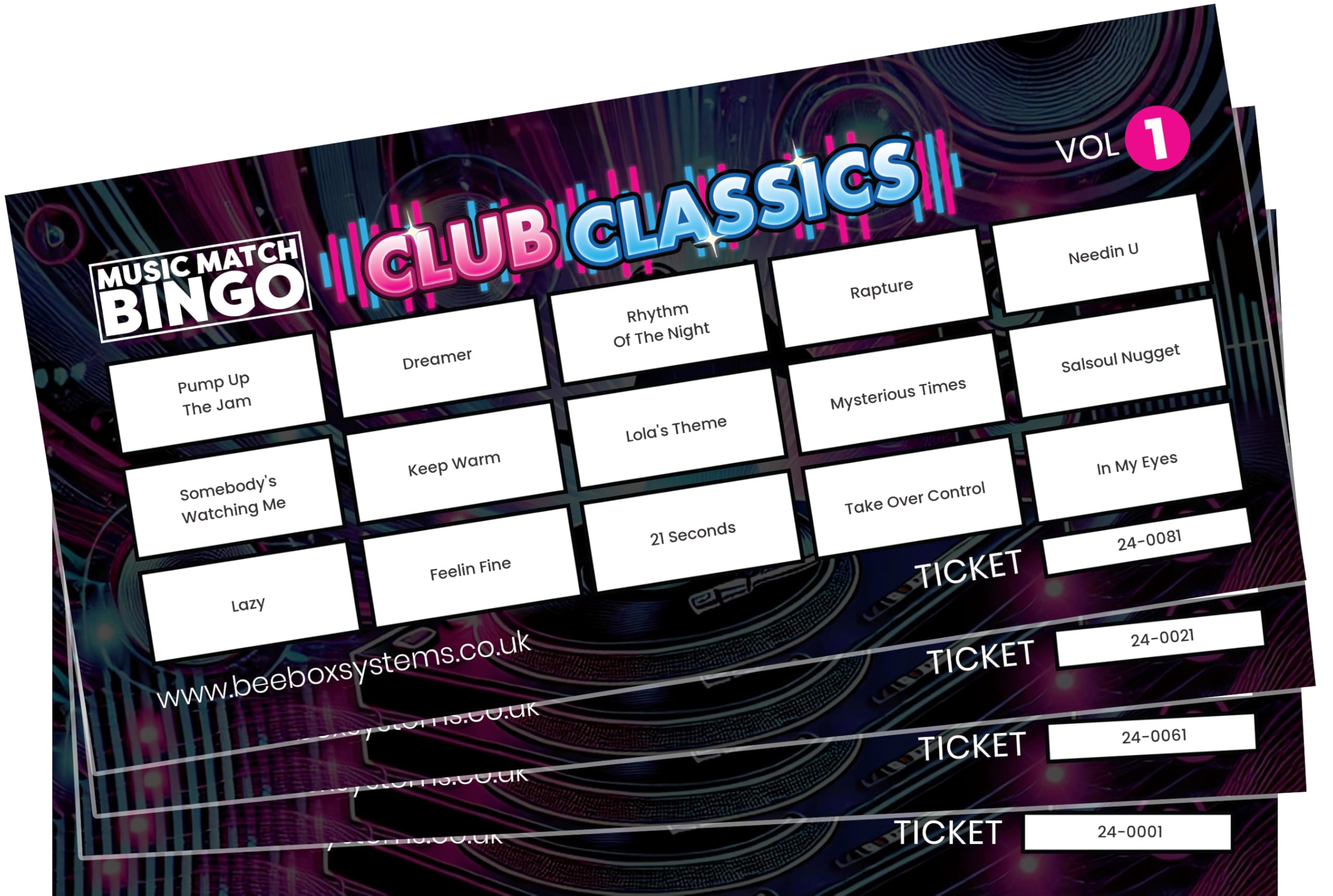 BeeBox Music Match Bingo Game Tickets, 120 Tickets Per Pack (Club Classics Vol1)