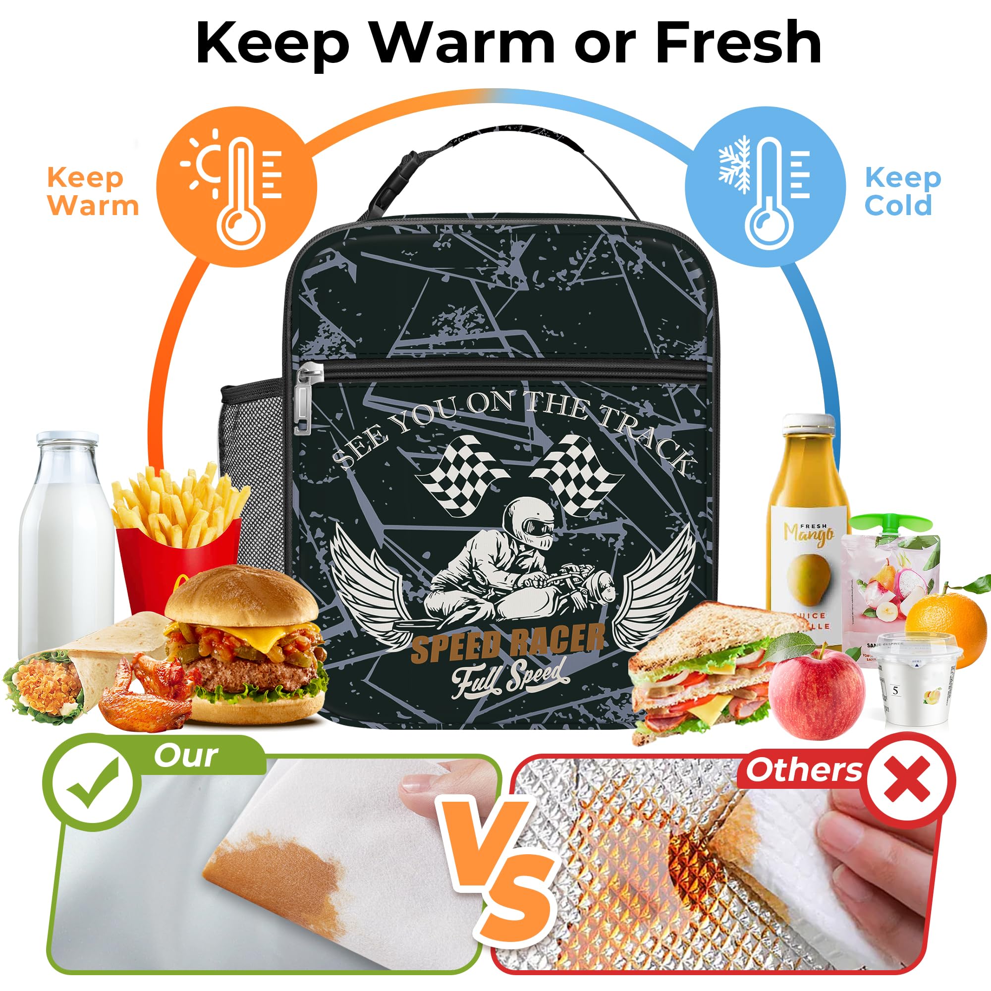 Clastyle Hero Insulated Kids Lunch Bag Large Thermal Cooler Bag for Boy Picnic School Lunch Box Tote,Racer Flag - Image 3