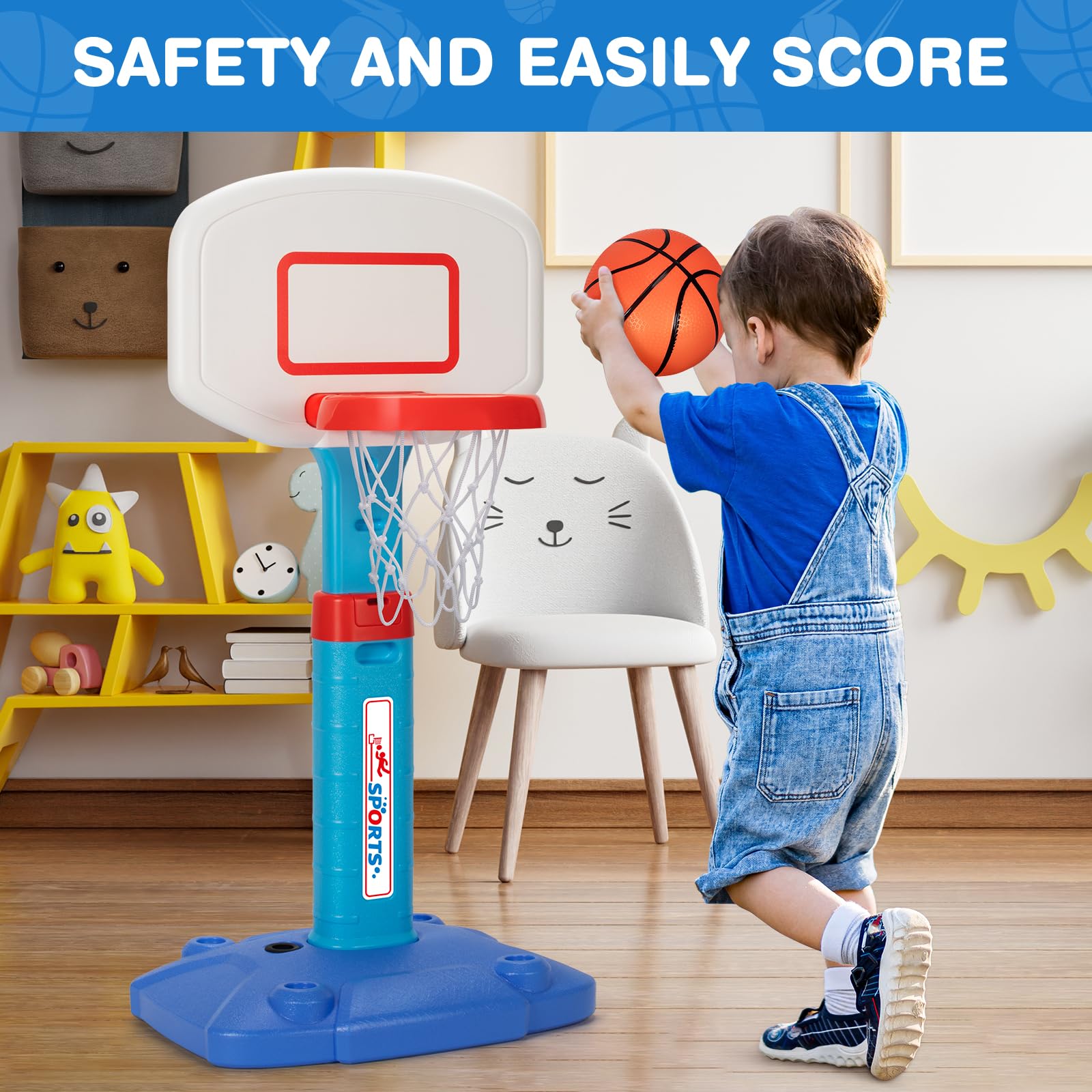 LACCHOUFEE Basketball Hoop Indoor Outdoor Toys for Toddlers 1-3, Kids Basketball Hoop with 3 Balls, Adjustable Mini Basketball Goal, Birthday Sports Toys Gift for Baby Boys Girls Age 1 and Up - Blue