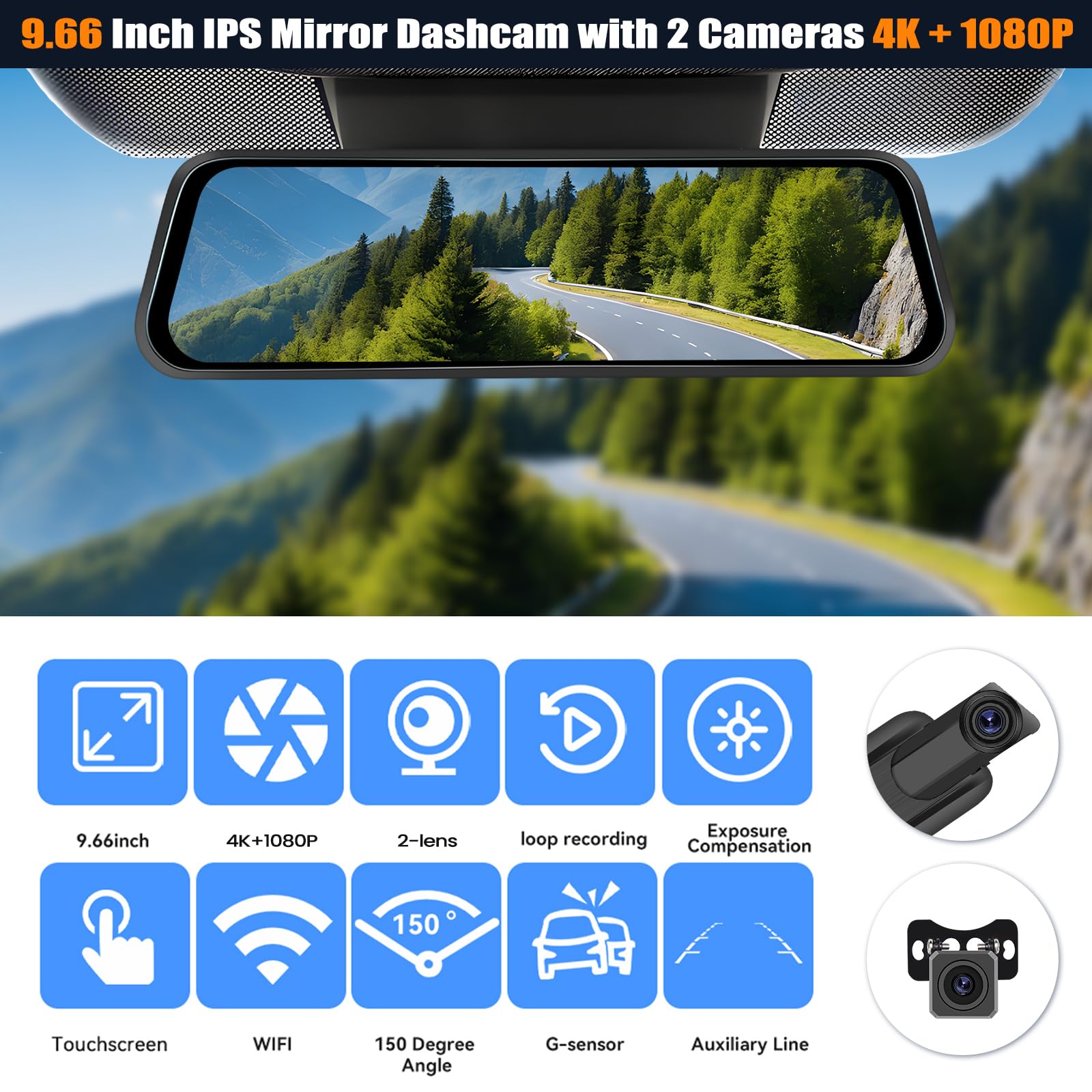 CAMECHO Retrovisor 9.66 Pulgadas 4K Mirror Dash CAM Coche con 1080P Cámara Trasero, Delantera 150° y Trasera Dashcam 120° con ADAS y BSD Línea Inversa, Visión Nocturna, Sensor G, WiFi