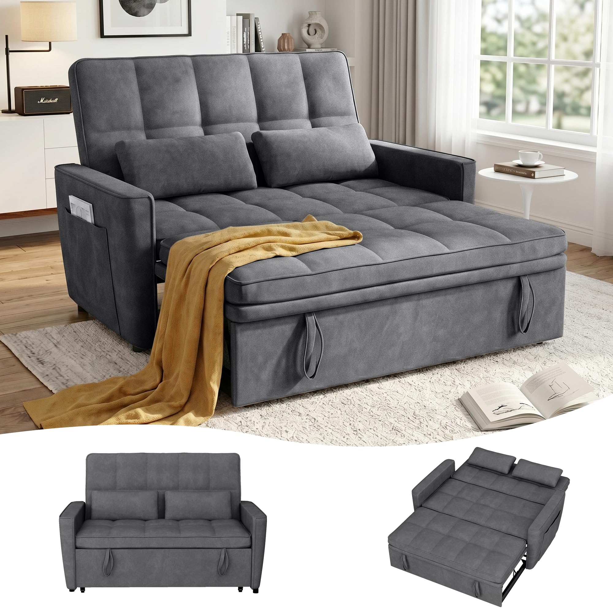 Photo 1 of tiramisubest 54'' Sleeper Sofa Bed, Convertible Pull Out Couch Futon for for Living Room,Apartment (Darkgrey, Loveseat) Side Pockets, Velvet Fabric, Adjustable Backrest, Pull-Out Bed, Easy Assembly