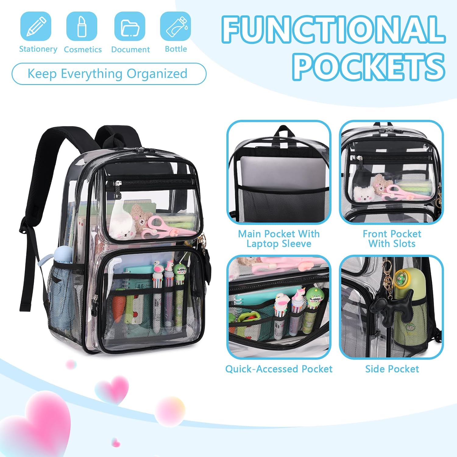 MOONBABY Clear Backpack for School Girls, Heavy Duty TPU Transparent Backpack Stadium Events Approved, Clear Bookbag - Image 4