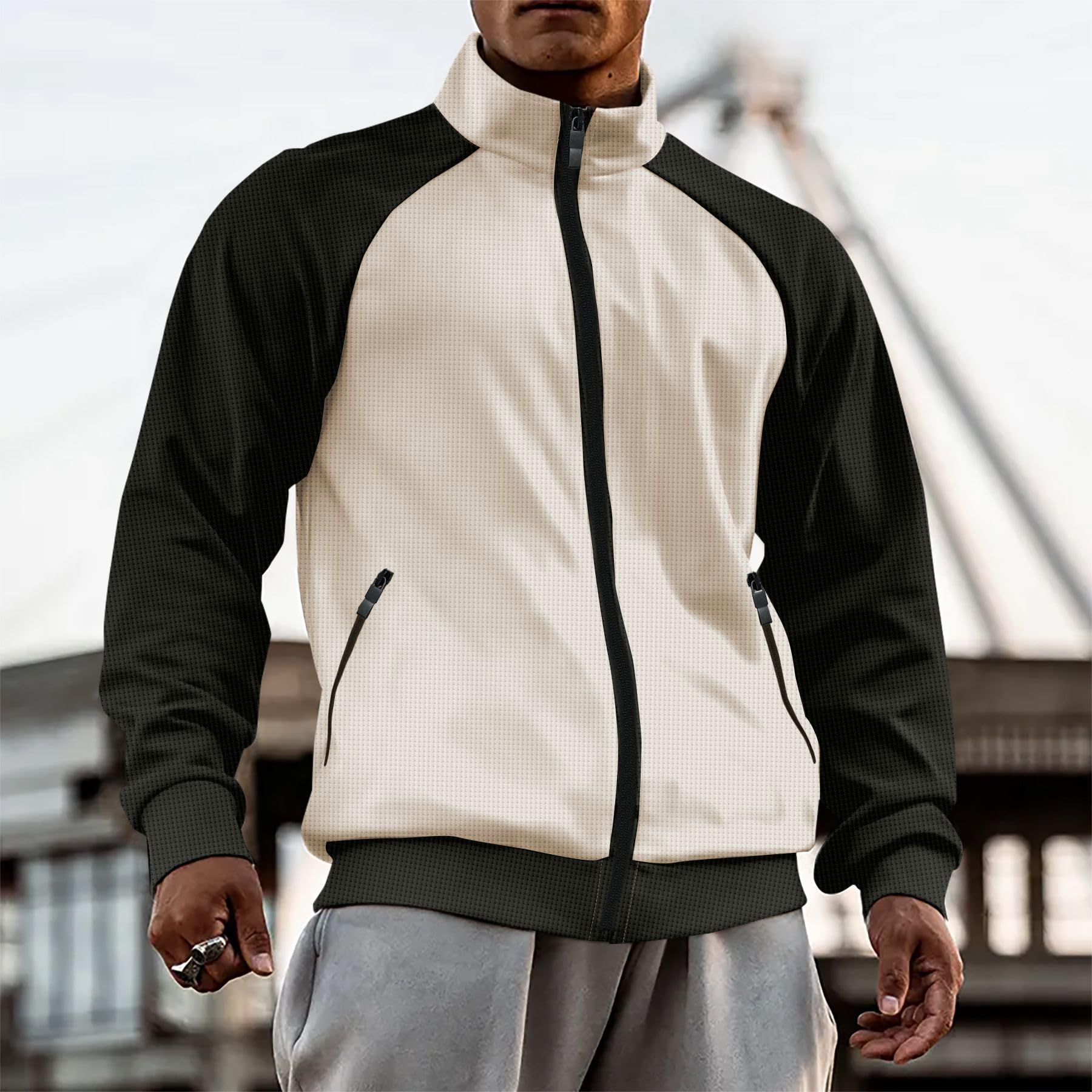 Chaqueta deportiva con cremallera completa para hombre, con cuello alto y diseño de contraste, elegante ropa deportiva para el día a día