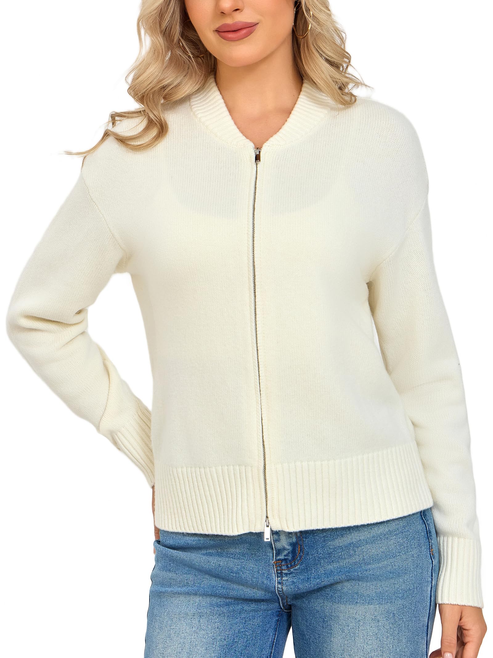 VETLURY Damen warme Strickjacke aus 100% MerinoWolle, Doppelreißverschluss mit Patte & Baseballkragen Strick-Cardigan für Herbst Winter und Frühling