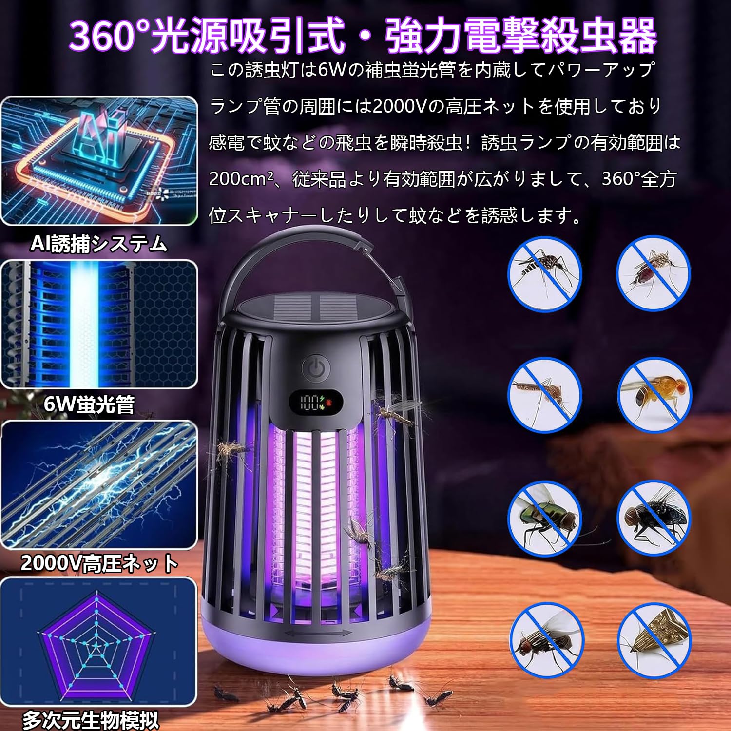 Amazon | Chayoo 電撃殺虫器 [2026年夏新モデル&ソーラー&USB‑C充電式