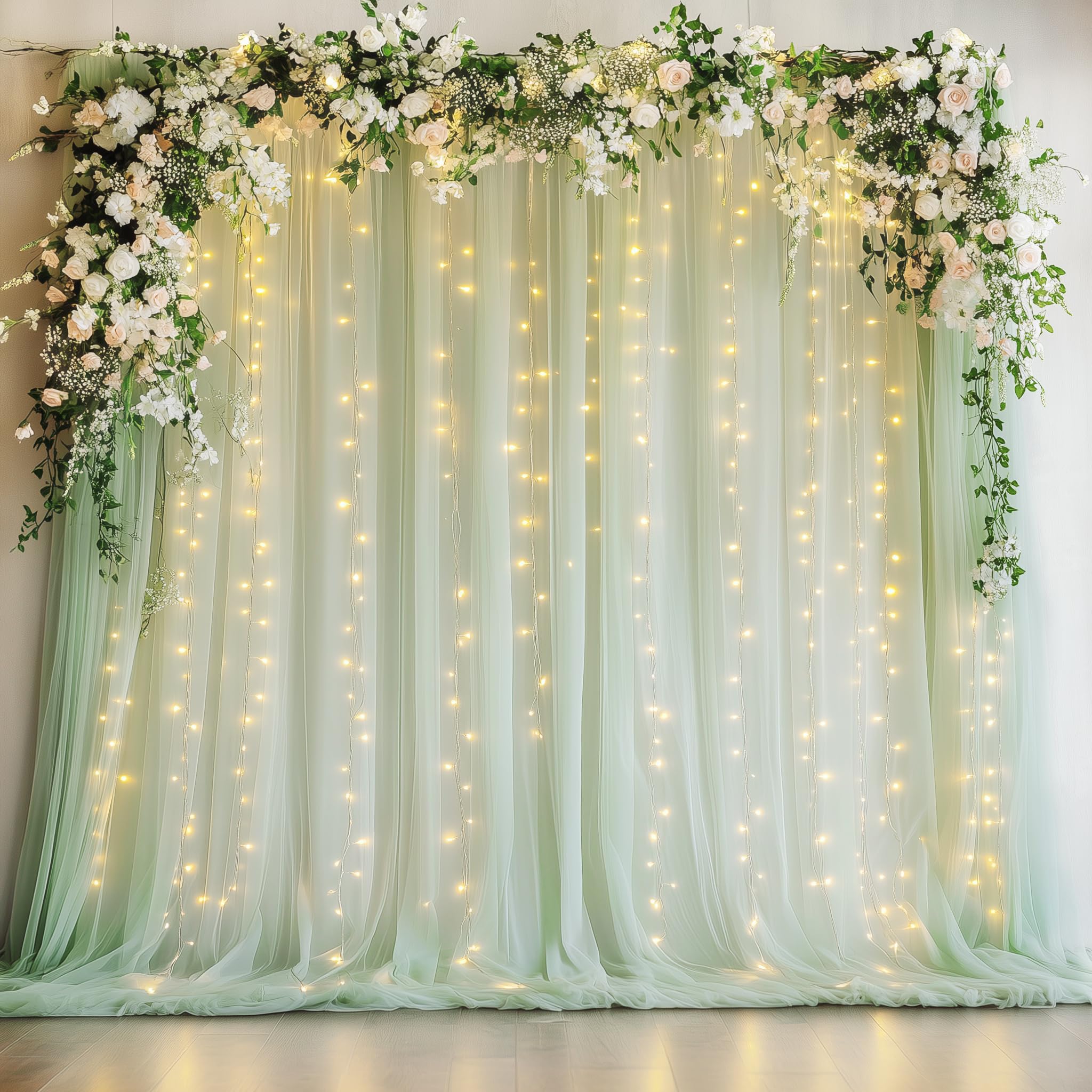 Fomcet Sage Green Tulle Backdrop Curtains with Lights String 10FT X 8FT Sheer Curtain with Lights Tulle Curtains Backdrop for Wedding Birthday Party