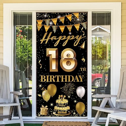 Miniatura 6 de Cartel de puerta de fiesta de cumpleaños número 18, decoración de feliz cumpleaños 18 para niñas y niños, telón de fondo negro dorado para fotos,