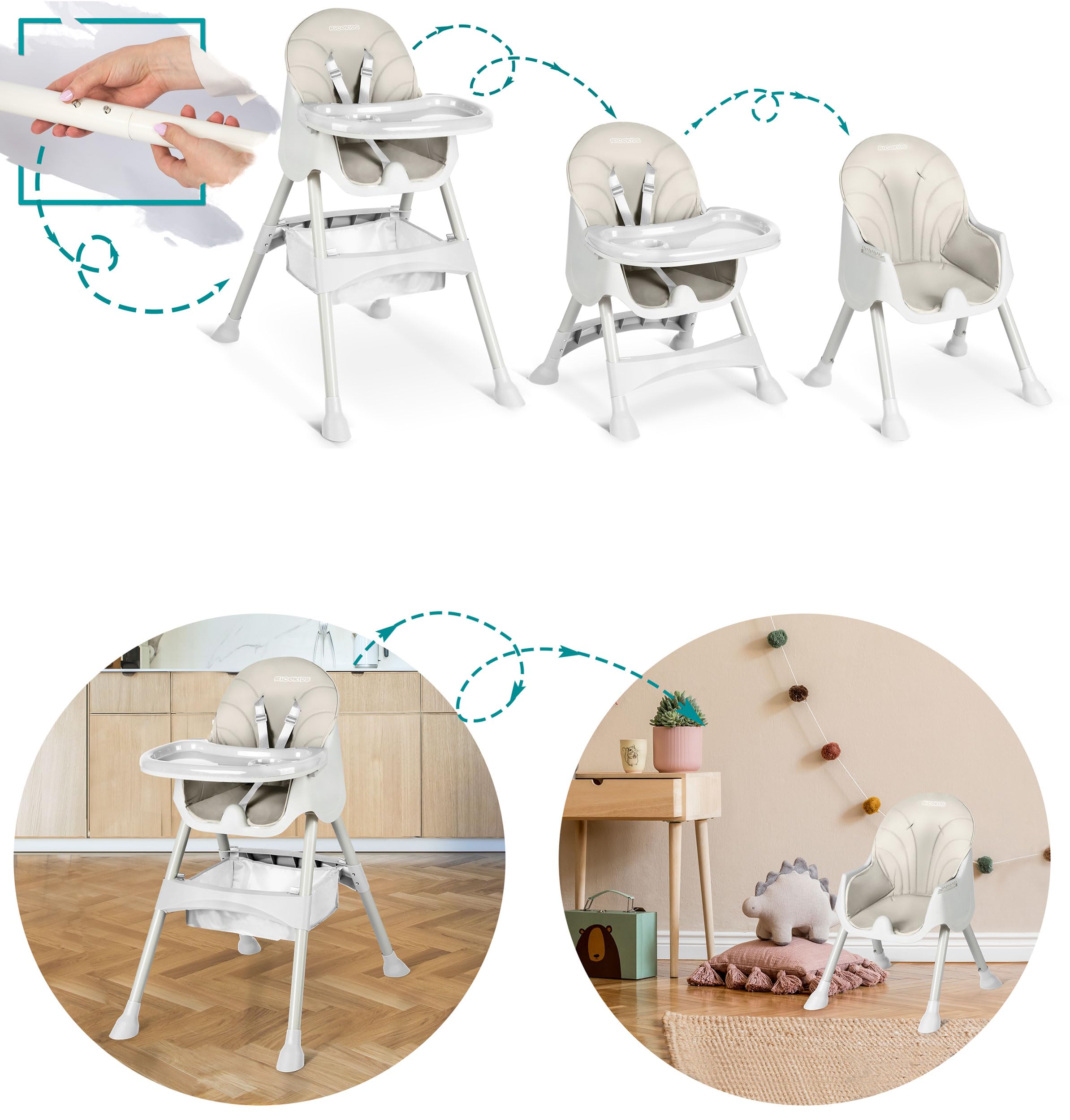 Ricokids Chaise haute pour bébé 3 en 1 - Pour enfant à partir de 6 mois - Avec ceinture de sécurité - Pliable - Facile d'entretien - Cadre réglable en hauteur - Planche à manger amovible - Panier