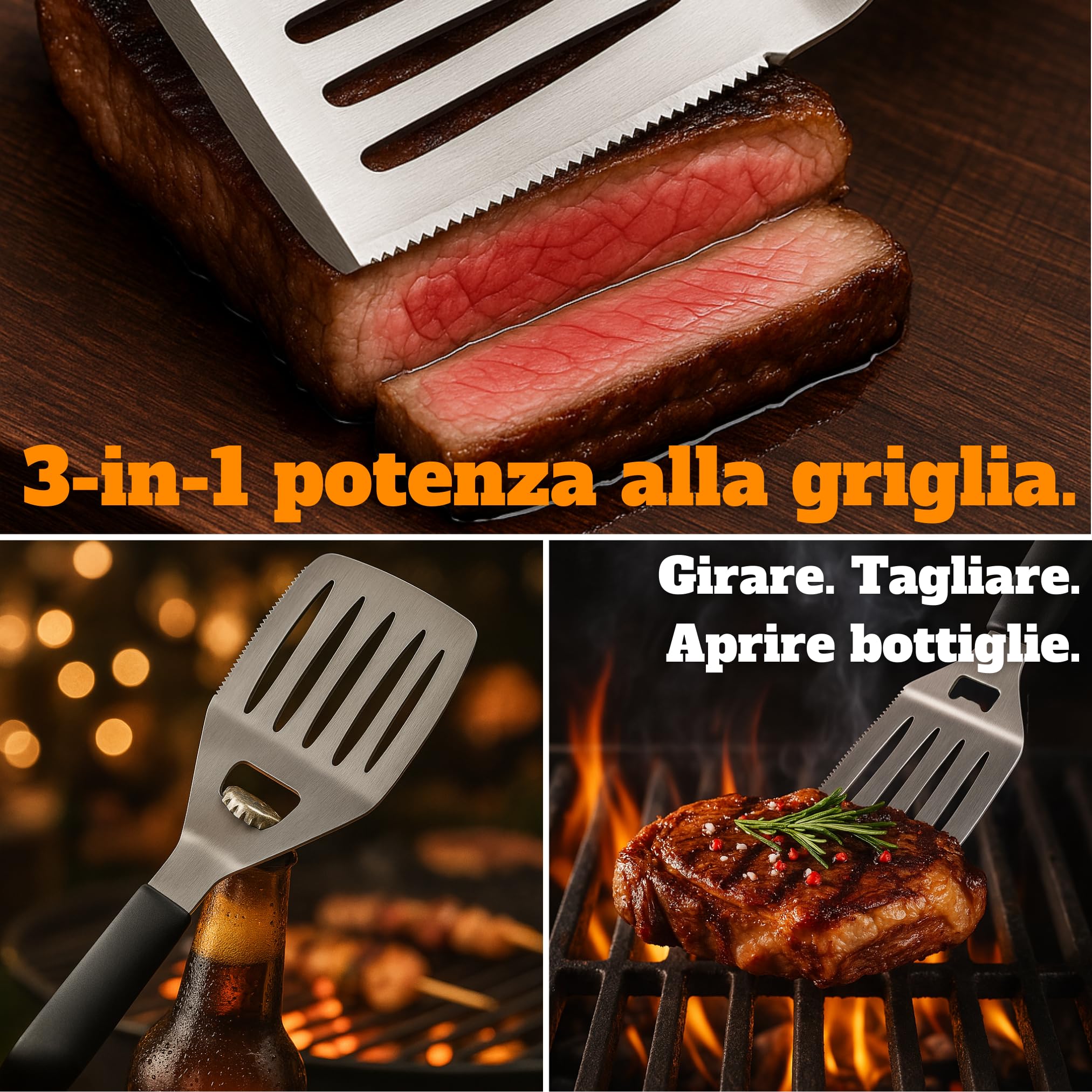 Set di attrezzi per barbecue da uomo, regalo – Set di utensili per barbecue in acciaio inox – Spatola e spazzola di pulizia 3 in 1 – Set da barbecue ideale come regalo per gli uomini