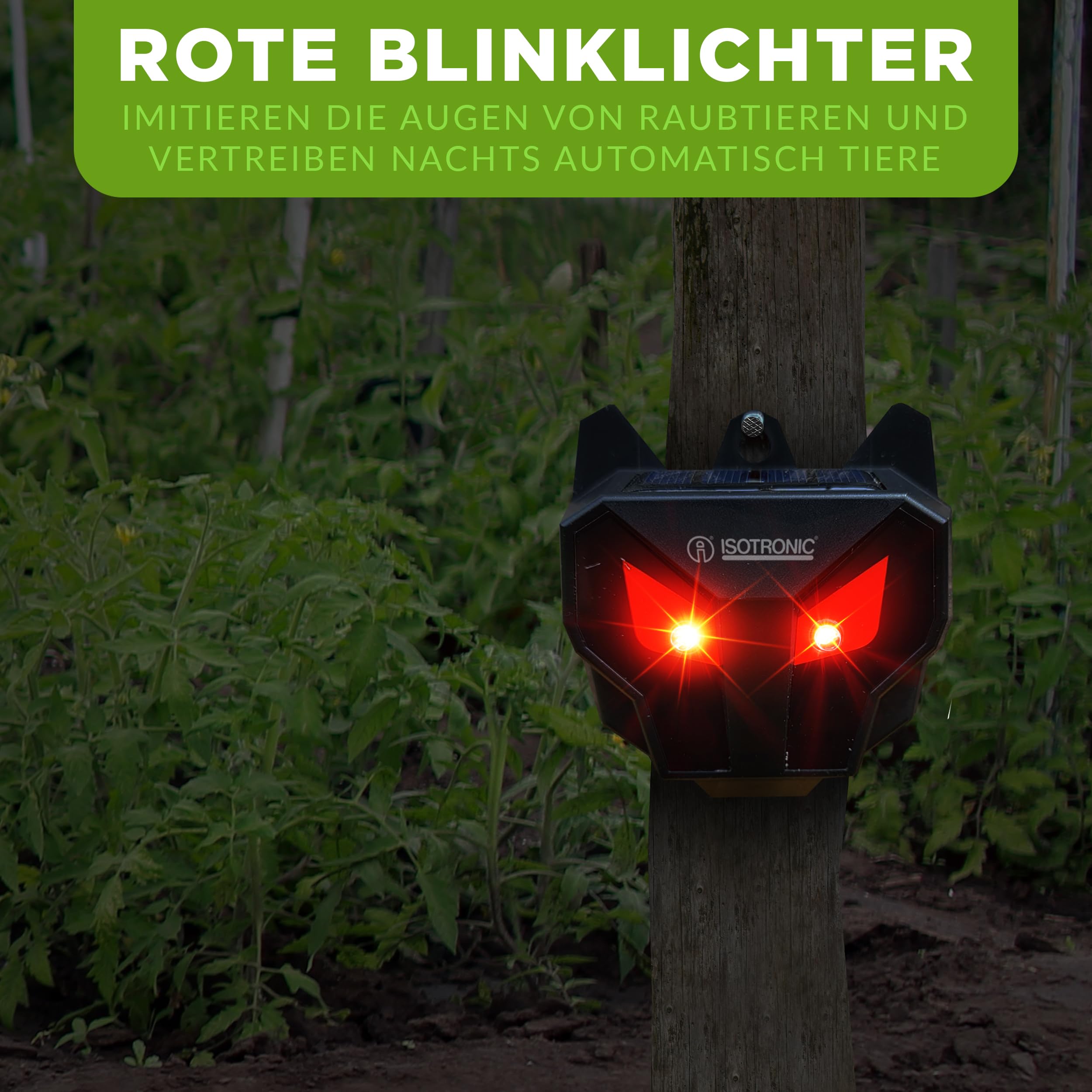 ISOTRONIC Solar Tiervertreiber zur Abwehr von Waschbären, Rehen, Füchsen & Wildschweinen – Wildtier Vertreiber mit rotem LED-Licht – effektive Tierabwehr mit 40m² Wirkungsbereich (8 Stück)
