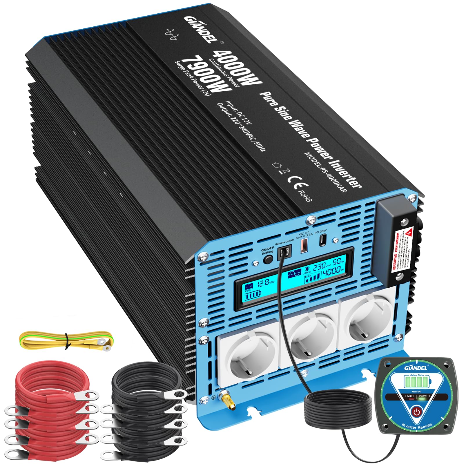 GIANDEL Falownik 4000 W, czysty sinus 12 V na 230 V, z regulowanym wyłącznikiem podnapięcia, przetwornica napięcia, przetwornica napięcia z pilotem zdalnego sterowania i USB-C PD 36 W, do kamperów
