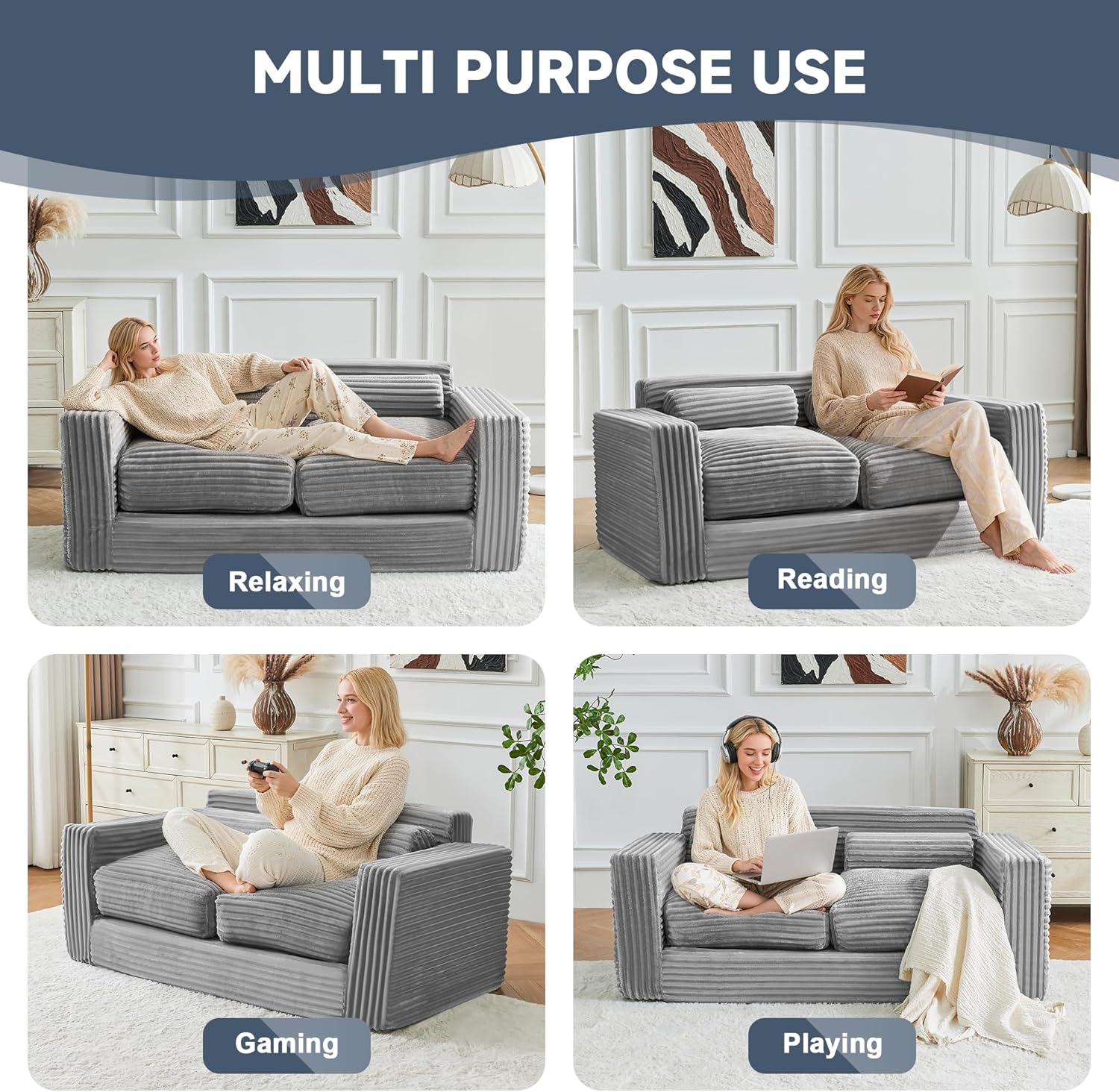 Bean Bag Chair Couch, Two Seat Giant Bean Bag Sofa for Adults, Boneless Loveseat Floor Sofa Couches for Living Room, Small Couch for Bedroom, Apartment, Office (Grey)