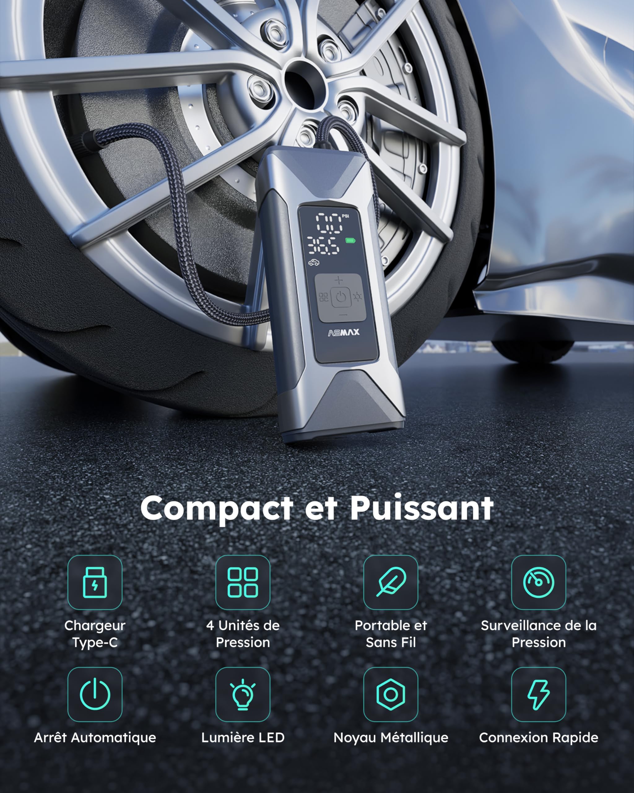 ASMAX Compresseur à Air Portatif 7500mAh, 11 BAR/160 PSI Gonfleur Pneus Voiture, 4 Unités BAR, PSI, kPa, KG/CM, pour Voiture, Moto, Vélo, Ballon, Lampe d'urgence & Batterie Externe Mobile - T10