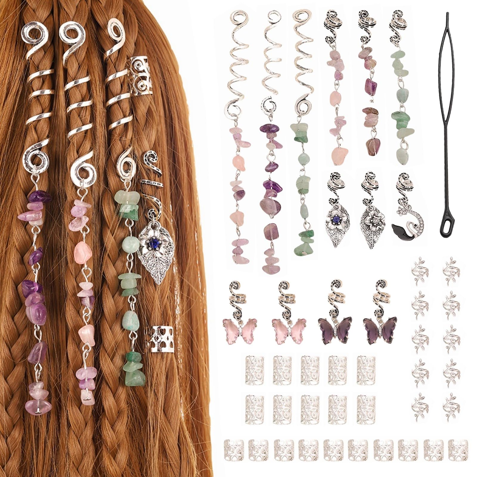 Joyeee Kit da 44PCS Perline Argento per Capelli – Tasselli di Pietra Cristallo Naturale Spirali Manicotti Filigrana Pendenti Farfalla con Strumento per Treccine Dreadlocks