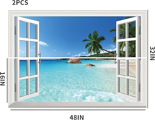 Miniatura 4 de FLFK Adhesivo de pared falso para ventana, mural de pared de ventana de playa de verano para decoración de pared, calcomanías de pared para pegar y