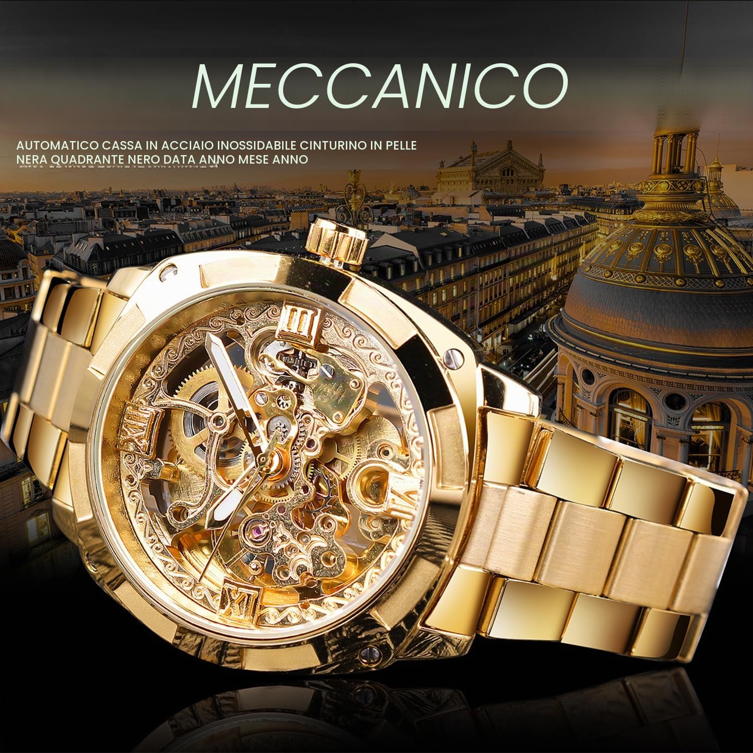 Forsining - Orologio da polso automatico meccanico da uomo, retro, di lusso, con incisione floreale dorata completa, design scheletrato