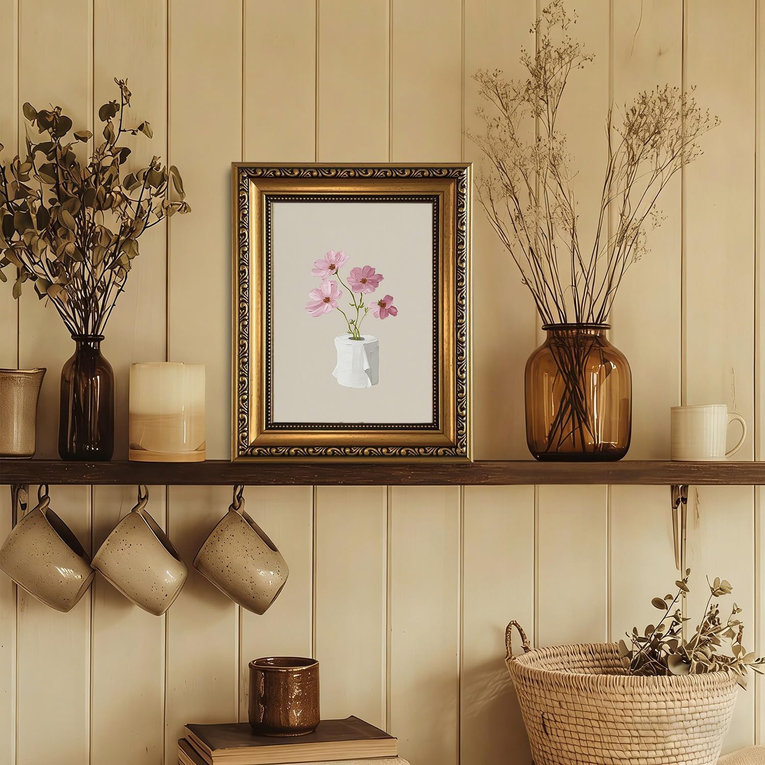 Vintage Gold Framed Wall Art Funny Bathroom Canvas Wall Art Toilet Paper Botanical Print Floral Artwork Minimal Plant Picture Bathroom Wall Decor for Guest Restroom 8x10 Inch