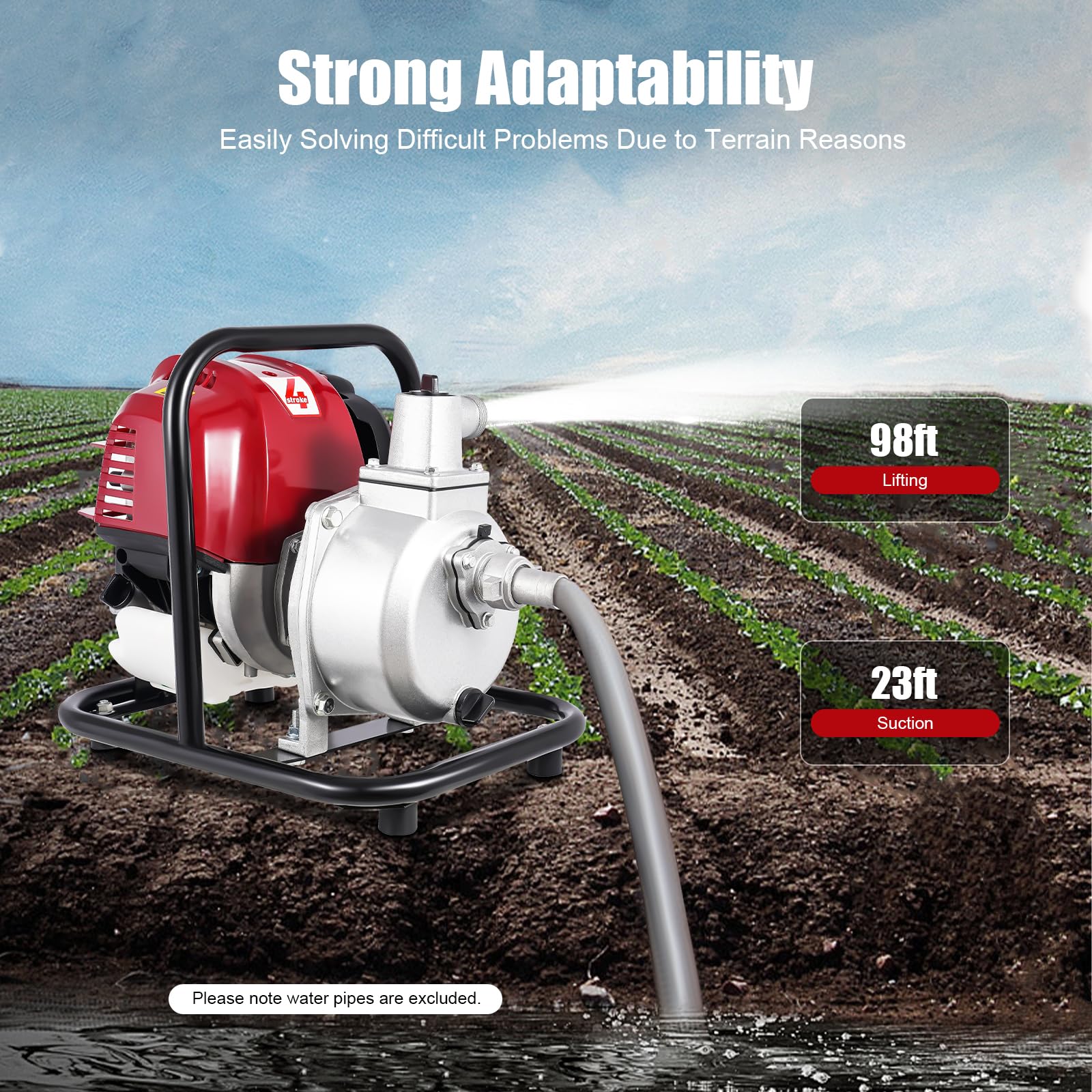 4-Takt Benzin Wasserpumpe Motorpumpe Gartenpumpe Teichpumpe Tragbare Gasbetriebene GartenbewäSserung Pump Einzylinder Schmutzwasserpumpe Kreiselpumpe Benzinmotor Hochdruck Pumpe 38CC 1200W 8500r/min