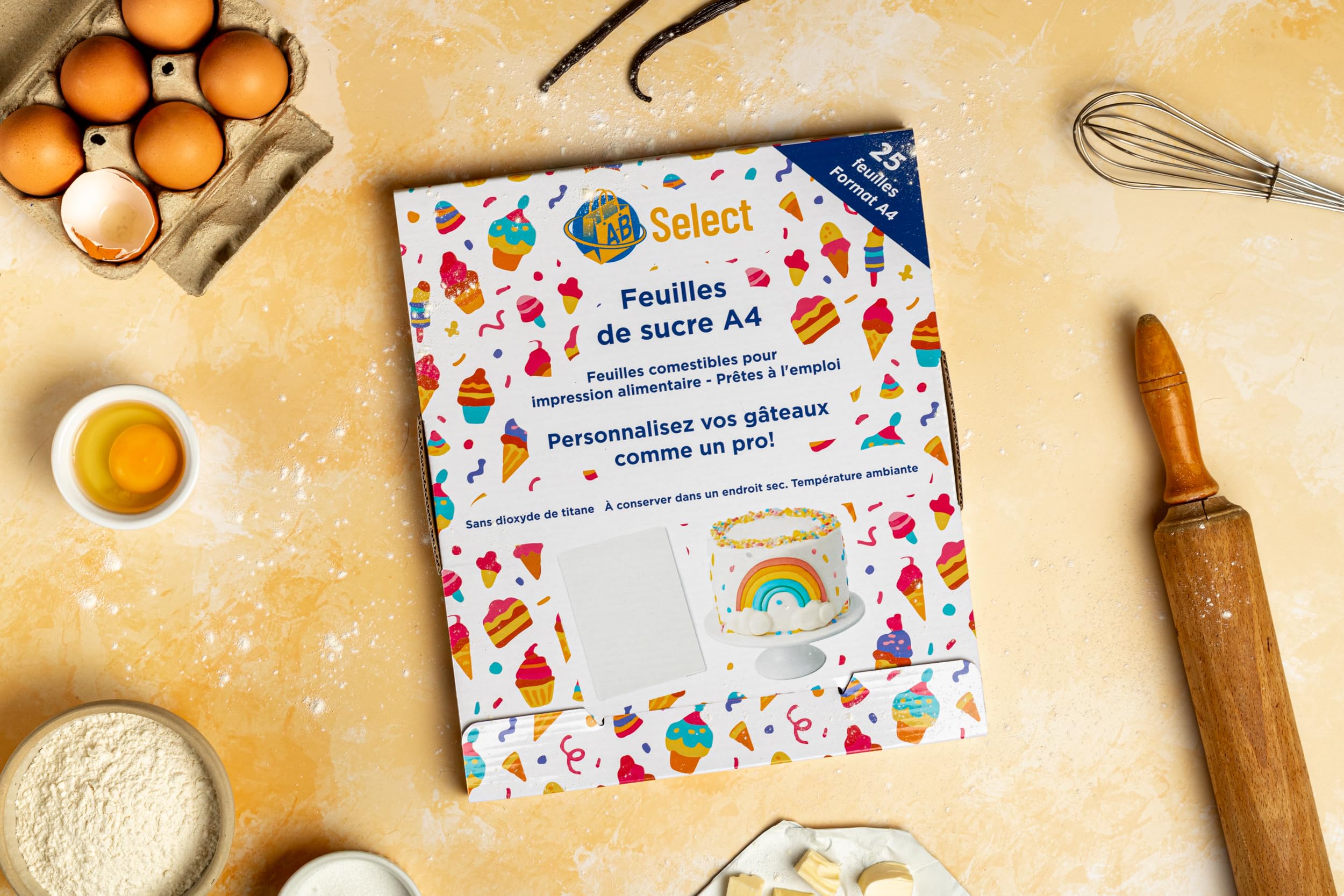 Feuilles de sucre A4 - Lot de 25 (sans E171/dioxyde de titane), papiers de sucre - idéals pour l'impression alimentaire avec encres comestibles, décoration gâteaux, A-B Select ®