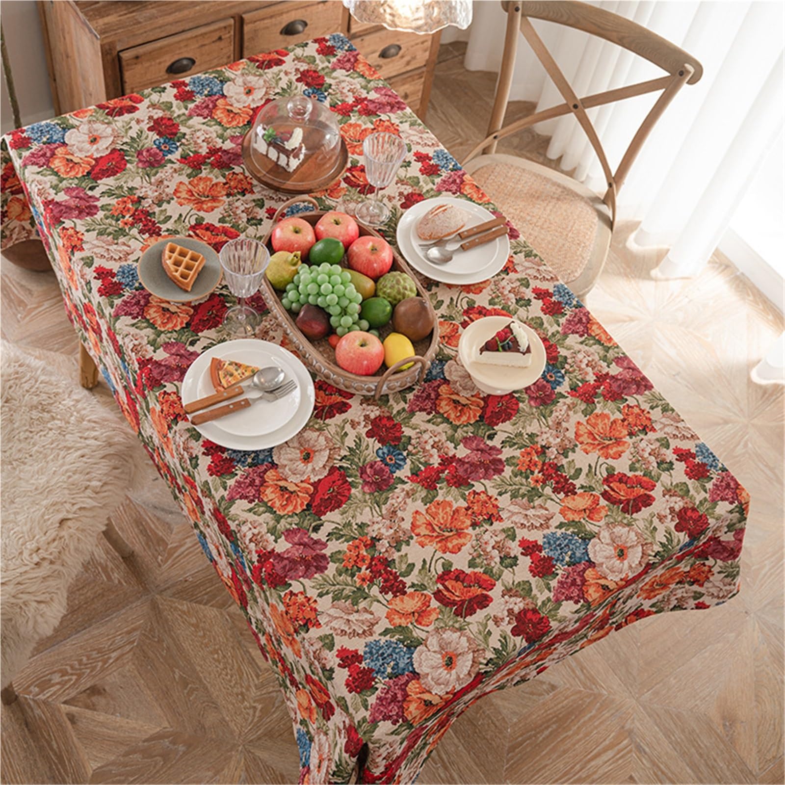 Nappe rectangulaire jacquard polyester vintage américain hétéroclite à pompons 140x300