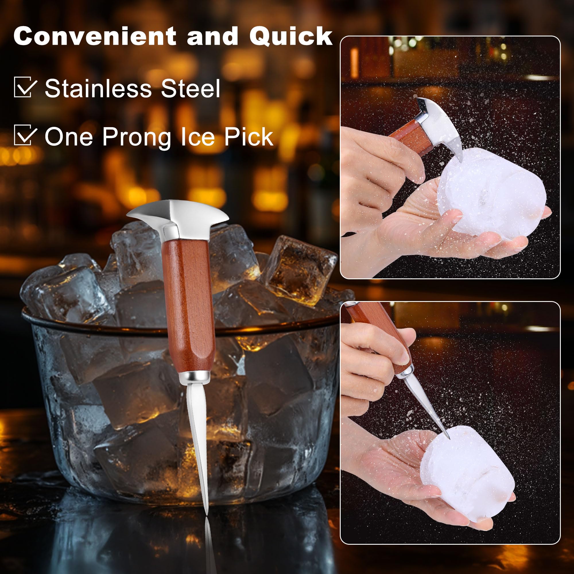 Juego de 4 palillos de hielo, trituradora de hielo de acero inoxidable con mango de madera, kit de barman trituradora de hielo con pinzas, ideal para bares, cocina y arte de tallado 5