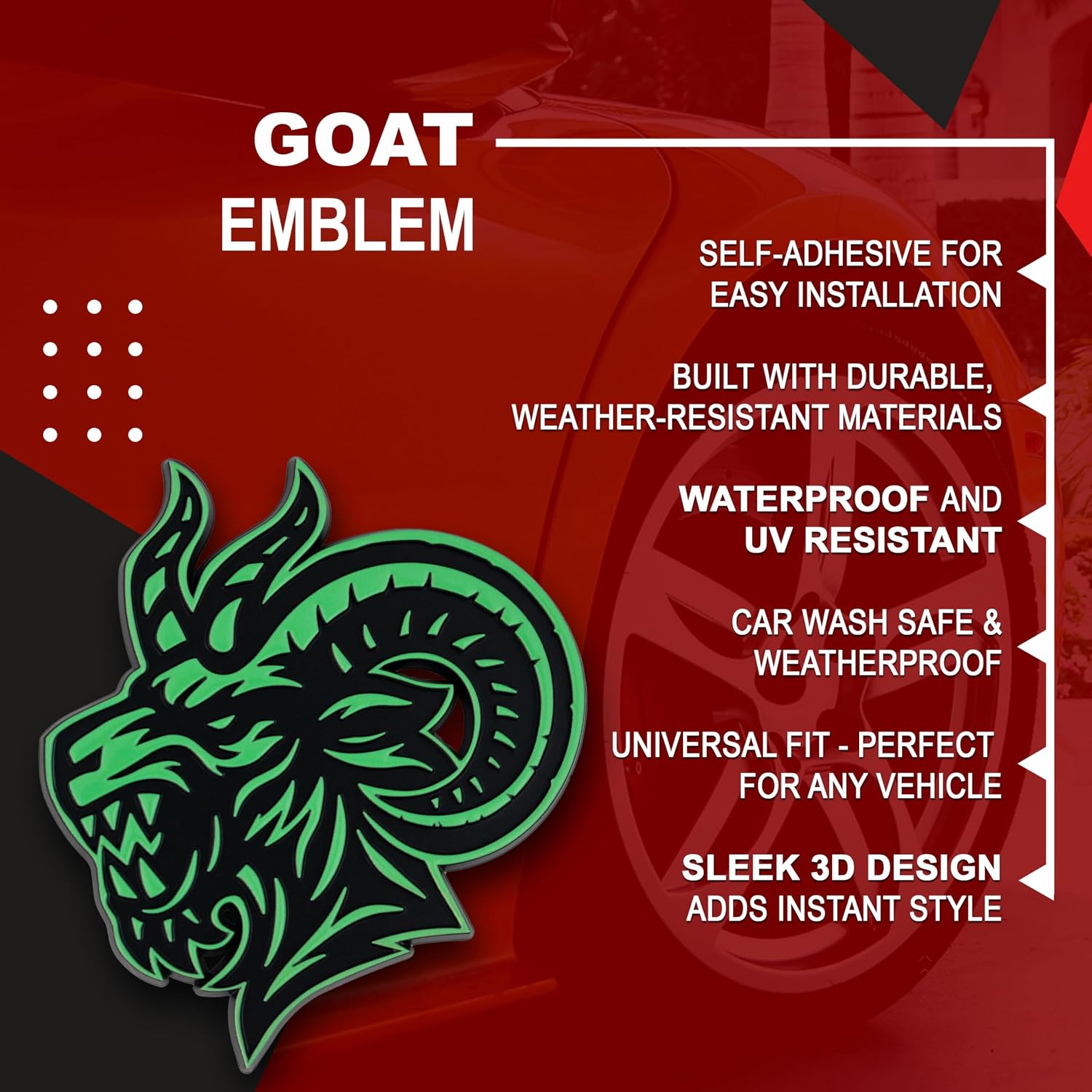 Angry Goat Emblem 3D Horned Monster Car Badge - Aggressive Exterior Automotive Emblem for Car Truck SUV Hood Trunk Fender (Set of 2) (Green)