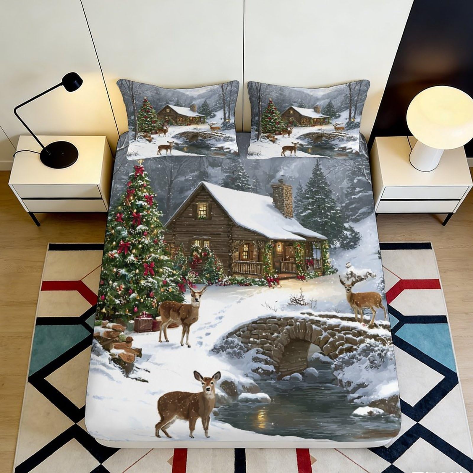 3D Printed Winter Cabin Fitted Sheet Microfiber Soft Breathable Snowy Landscape Bed Cover for Bedroom Dormitory Guest Room Mattress Protection Decor 140x200x25cm