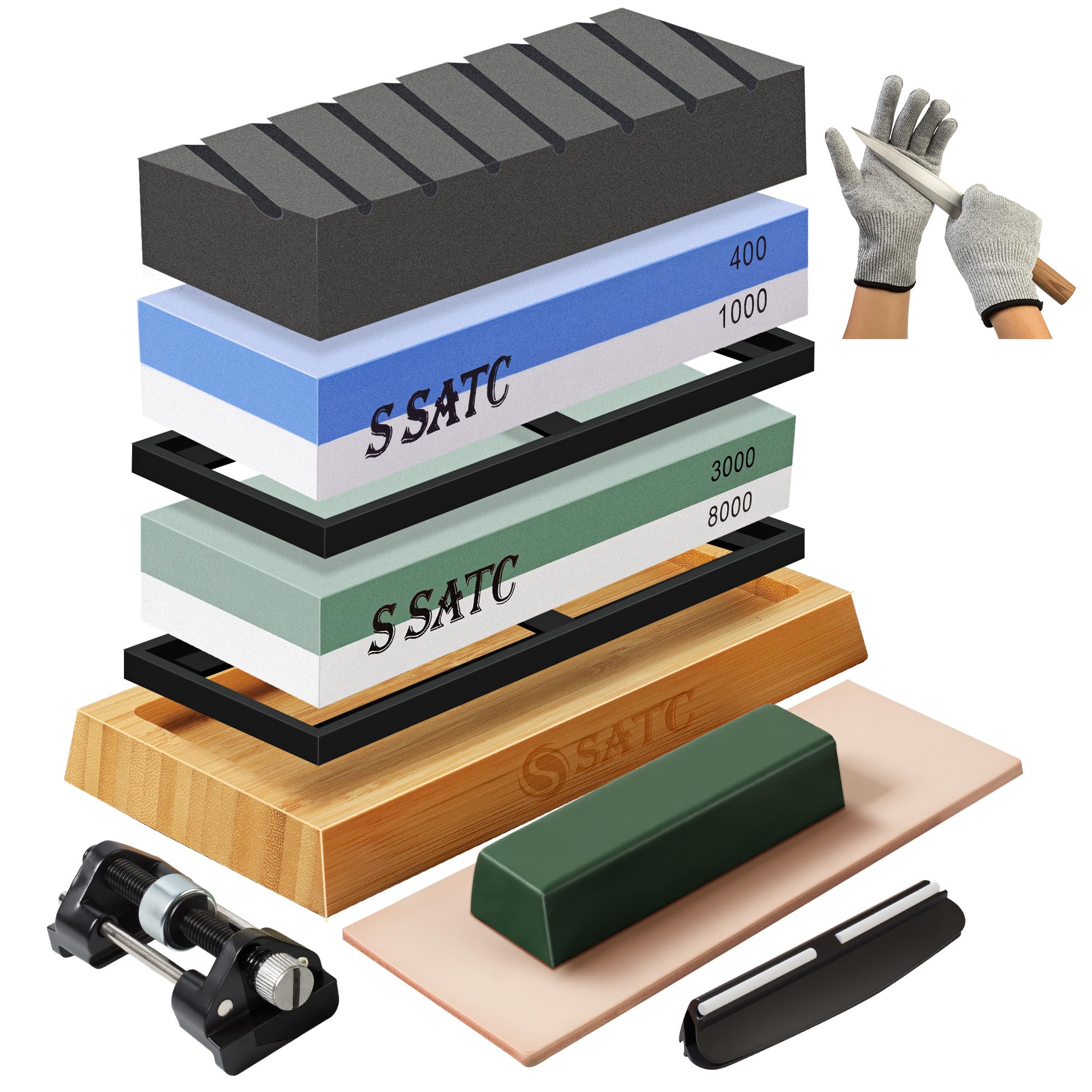 11-in-1 Sharpening Stone Set 400/1000 3000/8000 Dual-Grit Whetstone Knife Sharpener with Flattening Stone, Non-Slip Base, Angle Guide, Leather Strop for Kitchen & Pocket Knives
