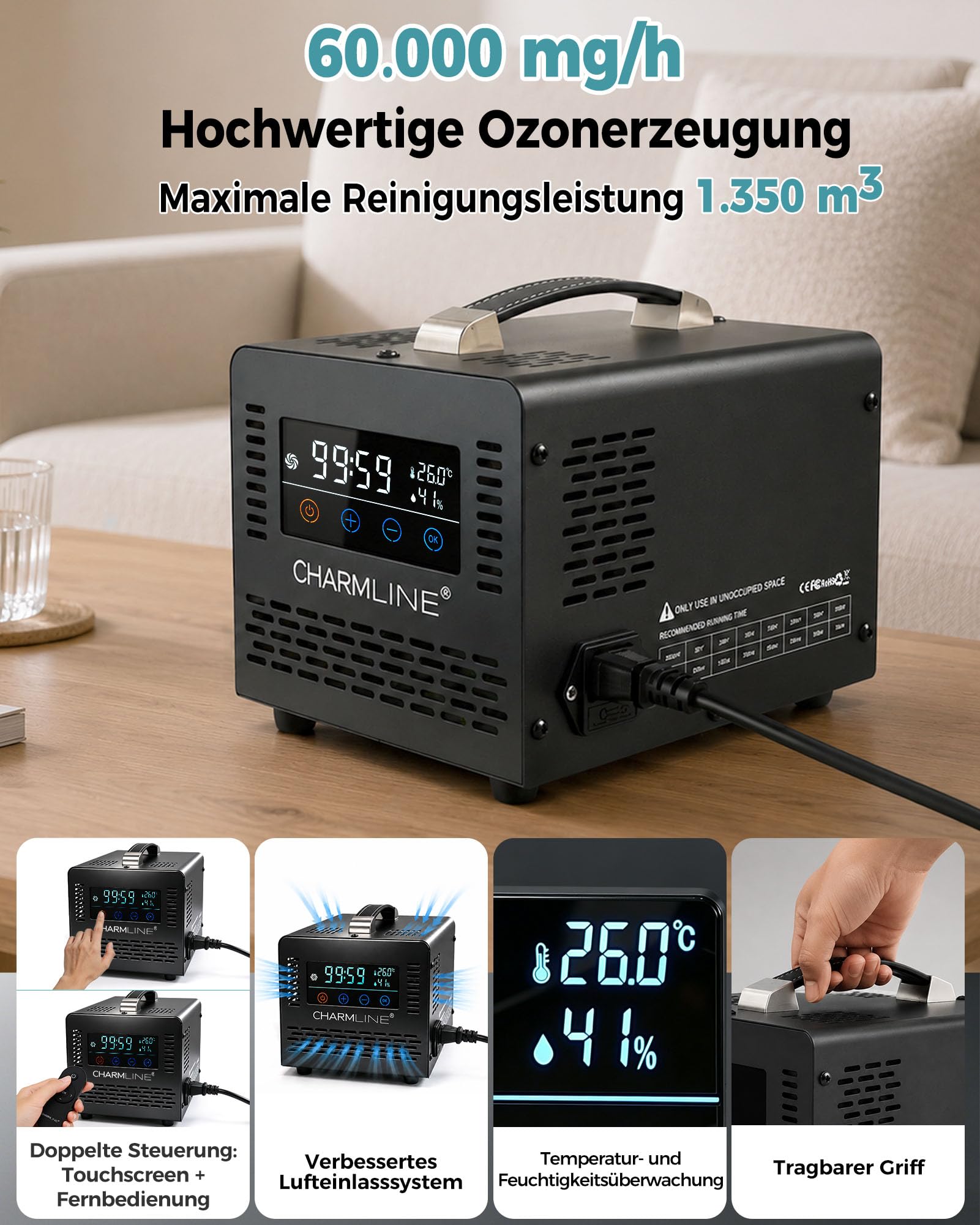 Charmline Smart Ozongenerator 60000 mg/h mit Fernbedienung, zur Geruchsbeseitigung in Autos, Räumen, Kellern, bis 500 m², Schwarz