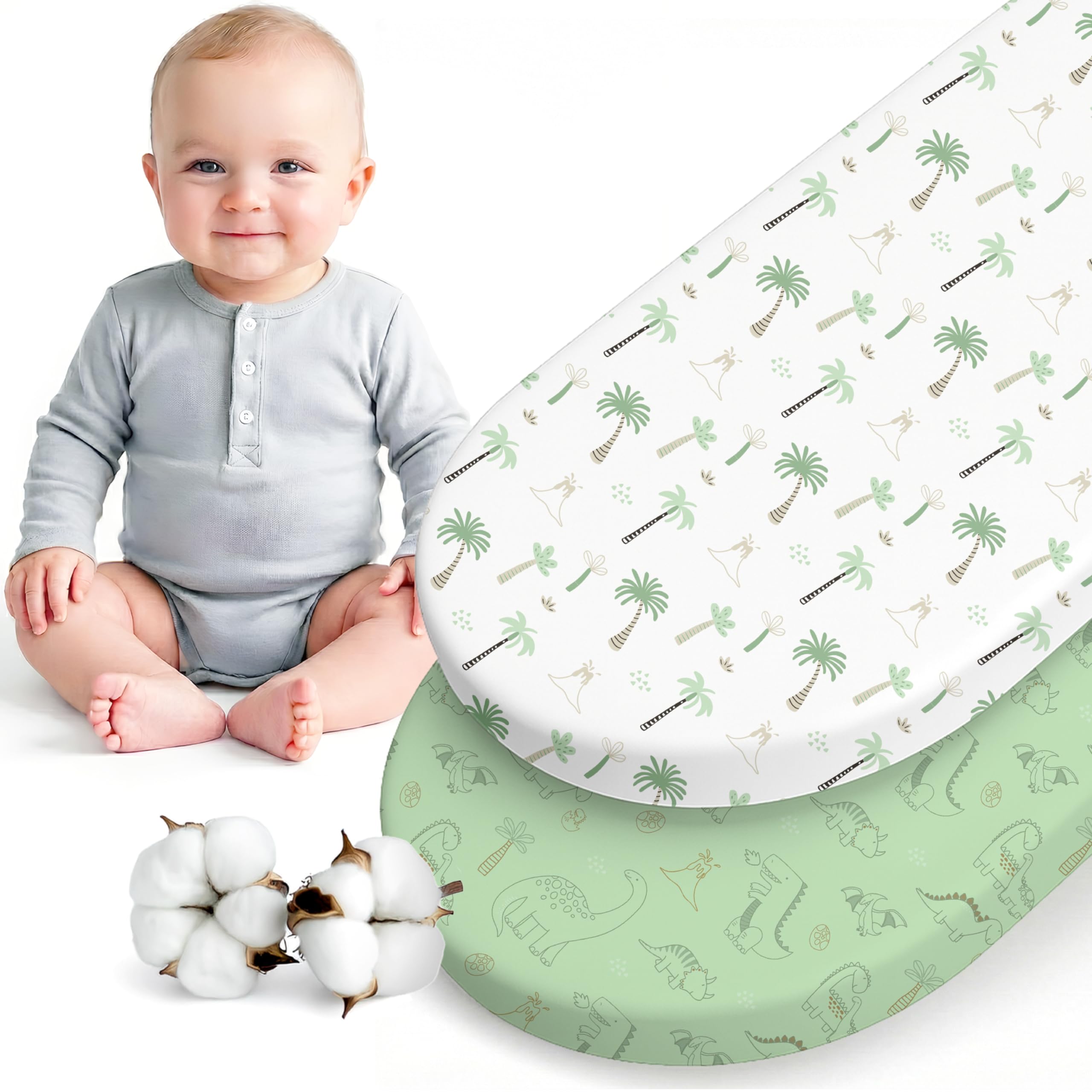 Dreamzie Set 2 Lenzuola Culla 40x80 Cotone - Lenzuolo Con Angoli, Oeko-Tex Certificato - Per Carrozzina E Passeggino Neonato - Dinosauro Bianco/Verde Salvia