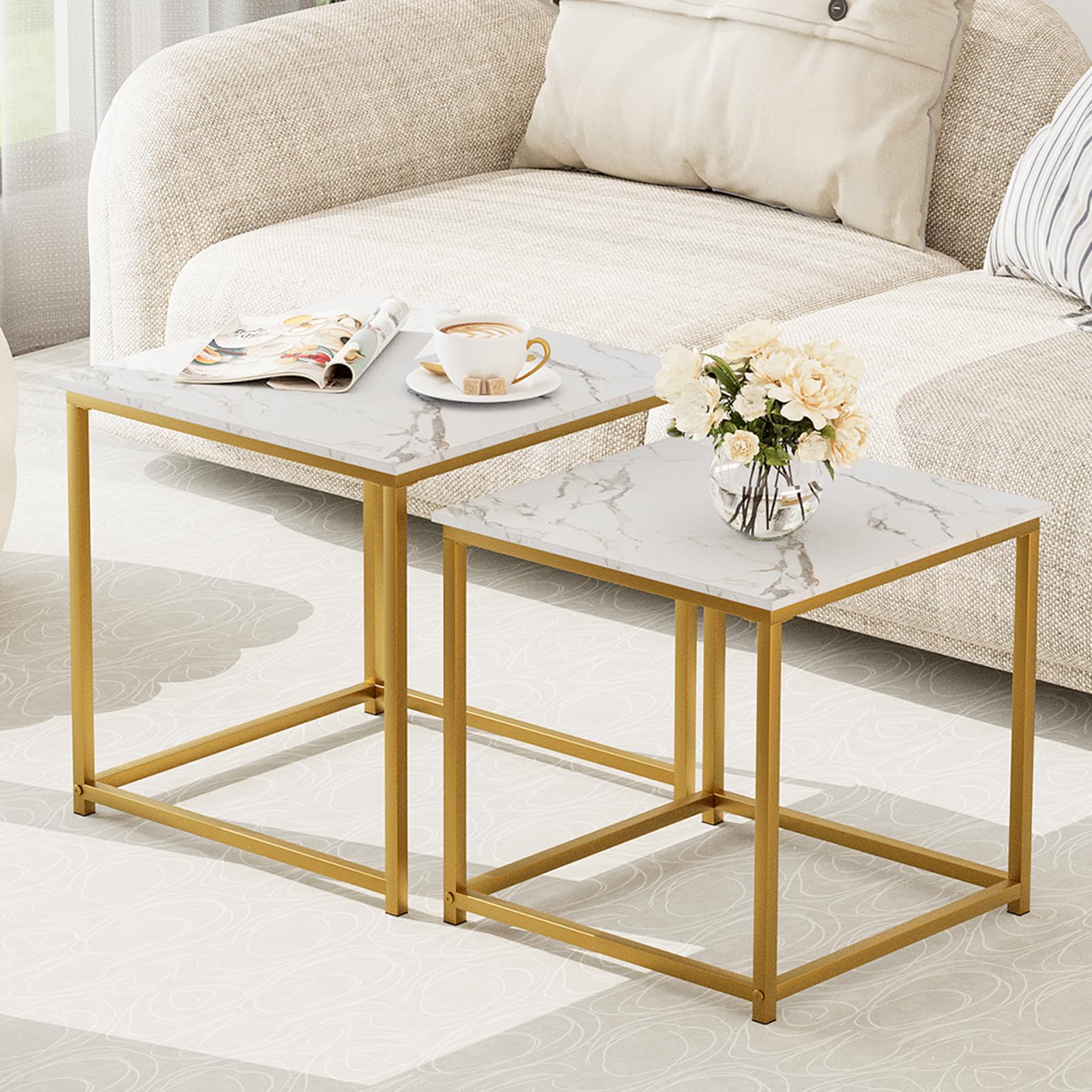 Juego de 2 mesas auxiliares, mesa anidable de madera de ingeniería moderna, juego de mesa central cuadrada con marco de metal, mesas auxiliares, mesa auxiliar anidable para sala de estar