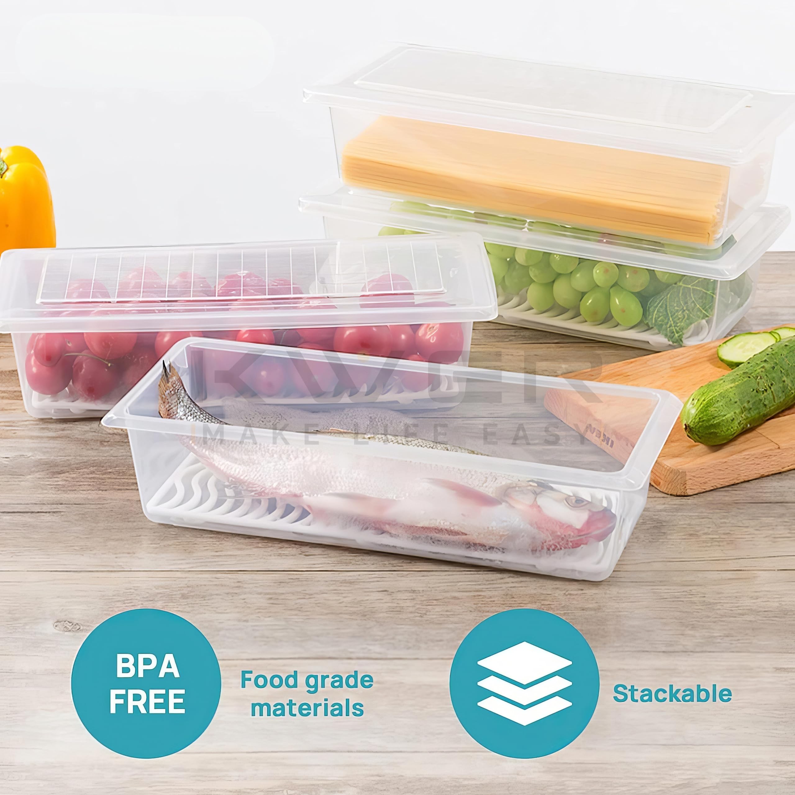 KWER Fridge Storage Boxes Fridge Organizer With Removable Drain Plate Fridge Storage Containers Keeps Fruits, Vegetables, Meat, Fish Fresh Longer 1500 Ml Container Box(Pack Of 6, Plastic),Clear 3