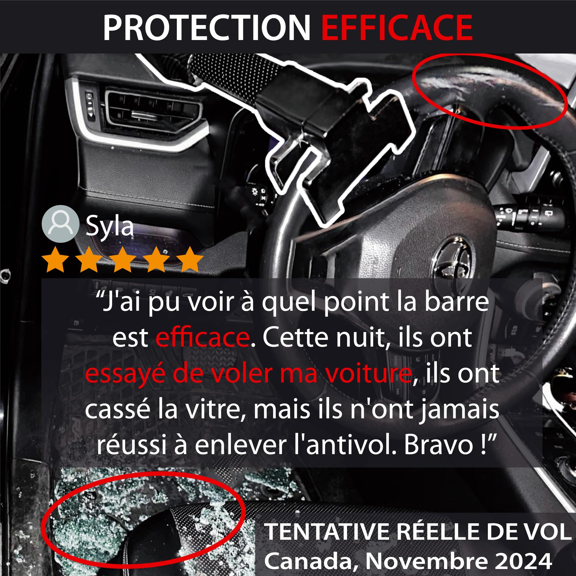 KRASER KR830 Antivol Voiture Avec Alarme 120dB, Canne Antivol Voiture Haute Sécurité, Robust Bloque Volant sur Rayon Plus Dissuasif, Facile à Utiliser, Bloc Barre Anti Vol Universel Auto Camping-Car