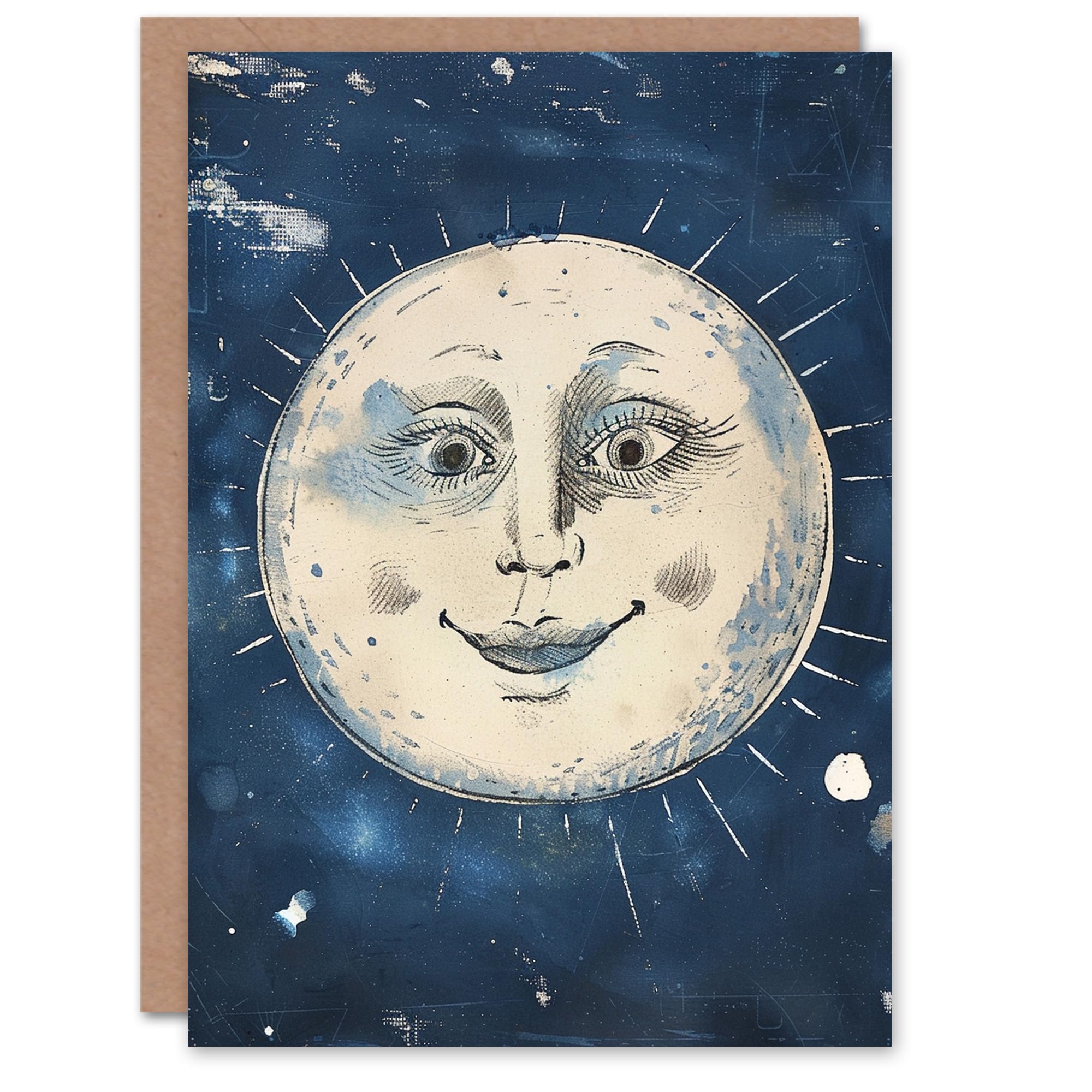 Artery8 Happy Smiling Face Full Moon Vintage Style Blank For Him Or Her Art Birthday Card