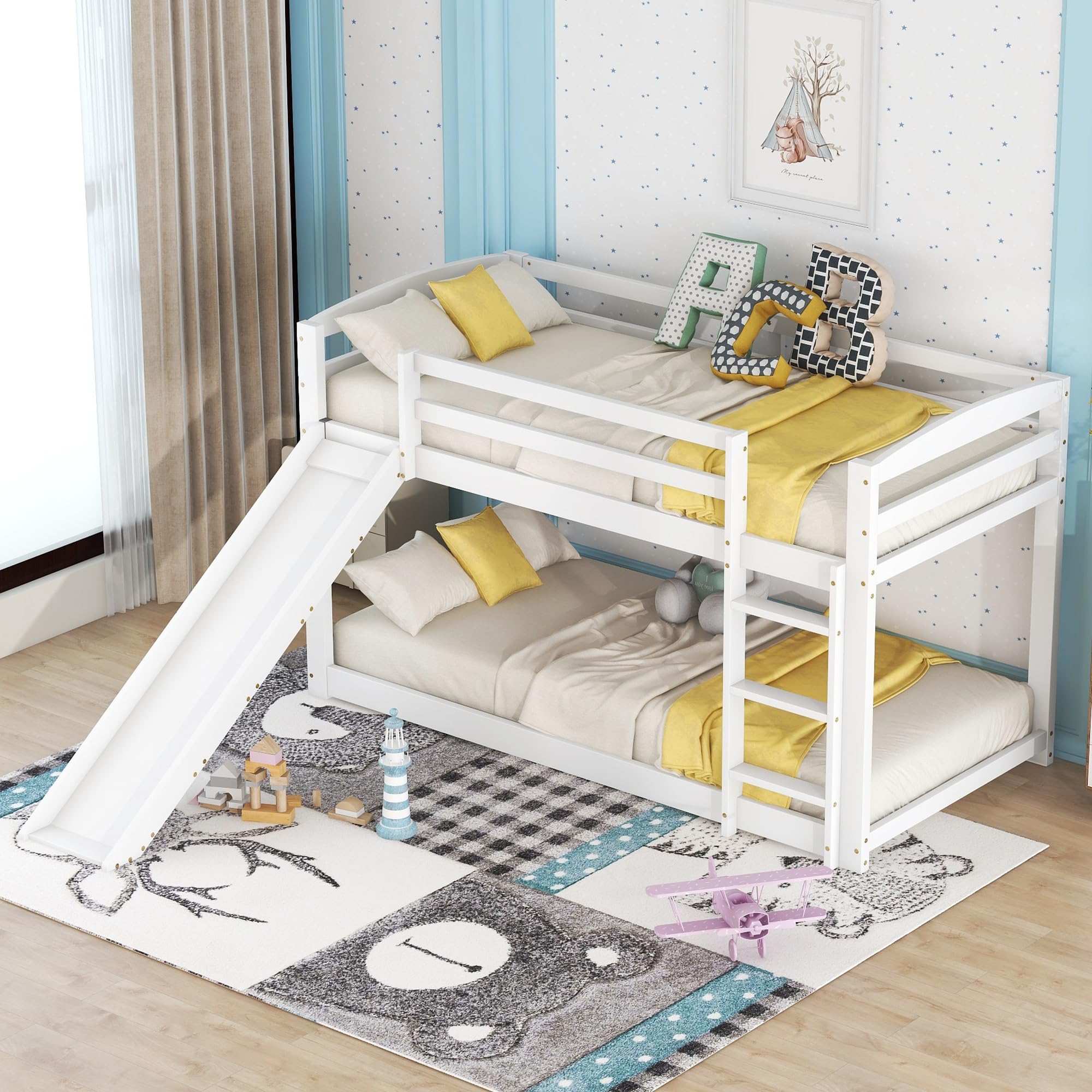 Rtopsu Kinderbett Etagenbett 90x200 cm, Hochbett mit Treppe und Rutsche für 1-2 Kinder, Bett Bettgestell mit Rausfallschutz und Lattenrost aus Holz, Weiß, Ohne Matratze