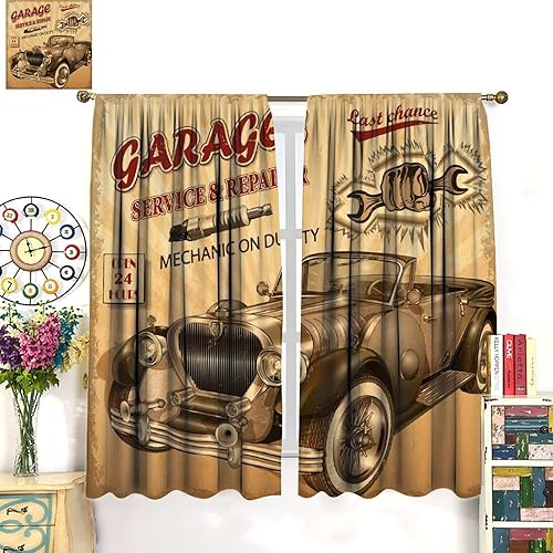Miniatura 3 de Vintage Car Curtains Retro Style Garage Poster Route 66 Old Classic Car Theme Art Pattern Print Boys Man Teens Bedroom Living Room Rod Pocket Window