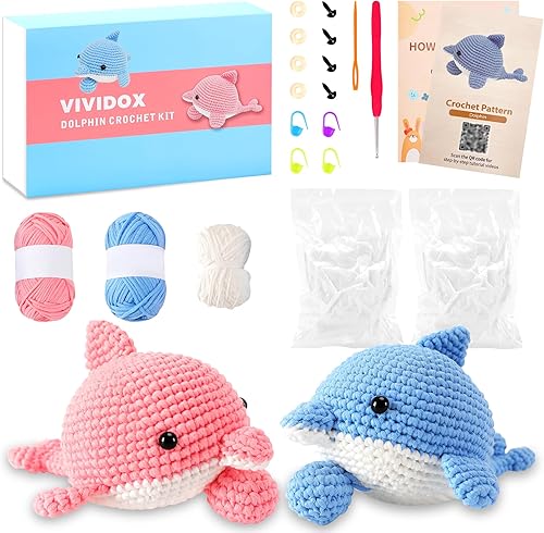 VIVIDOX Paquete de 2 kits de ganchillo de delfín para principiantes, adultos y niños con hilo fácil de 4.3 pulgadas de alto, juego de inicio de disponible en Yaxa Costa Rica