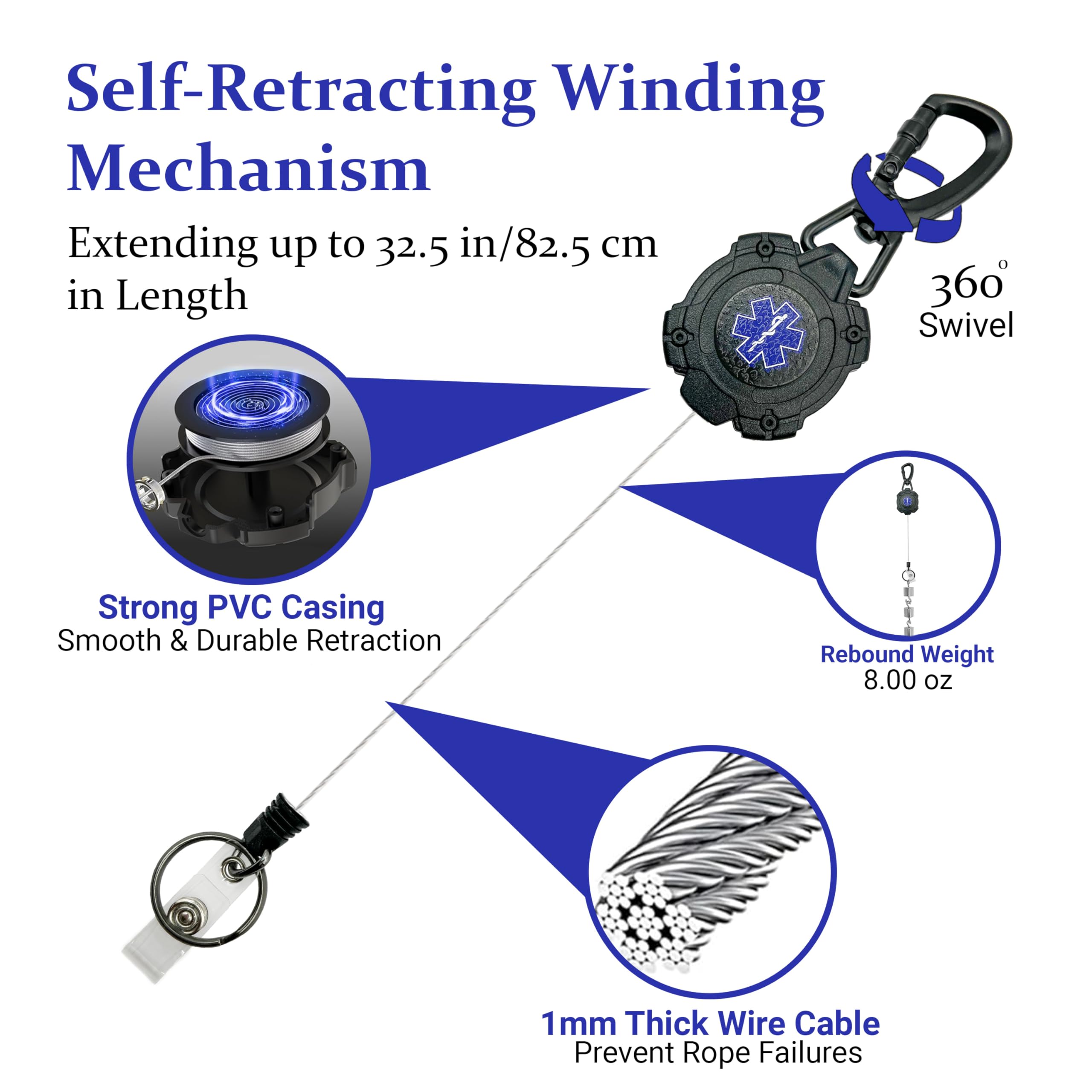 EMS, EMT, Paramedic/Medic Heavy Duty Medical Badge Reel Star of Life. 360° Swivel Carabiner Clip. 32.5” Steel Cable/Rope with Key Ring & ID Strap. 8 oz Weight