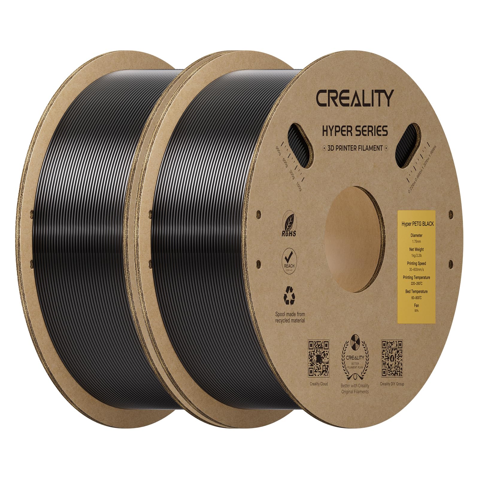 Creality Hyper PETG Filament 1.75mm, Black, 2-Pack, 2KG