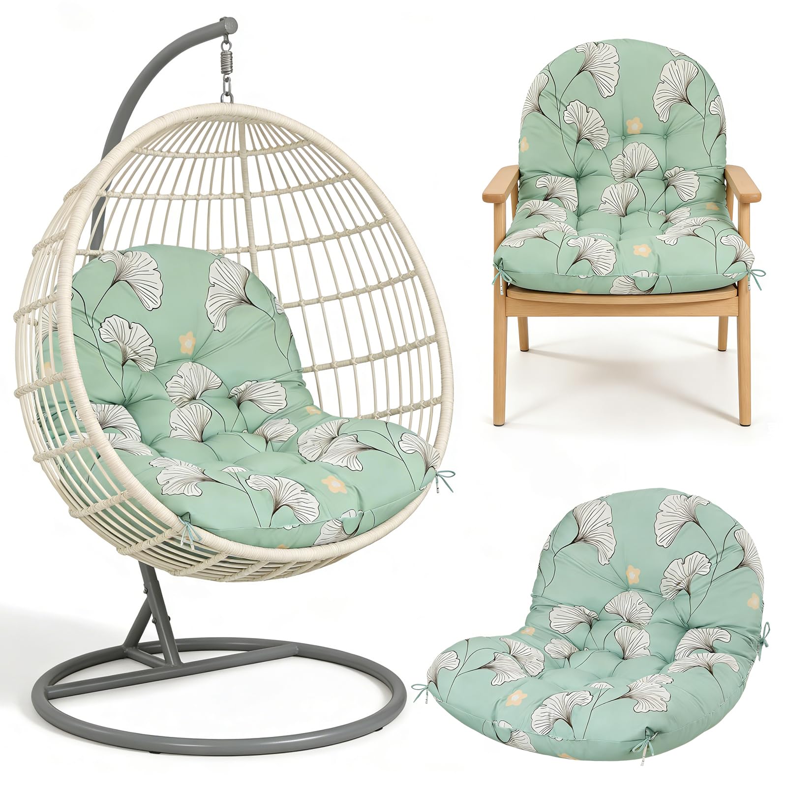 Kissen für Egg Chair, Hängesessel-Kissen 120 x 85 x 18 cm, wasserfestes Ersatzkissen für Schaukelstuhl (nur Kissen), dickeres Hängesessel-Kissen für Garten, Außen- und Innenbereich, Blatt