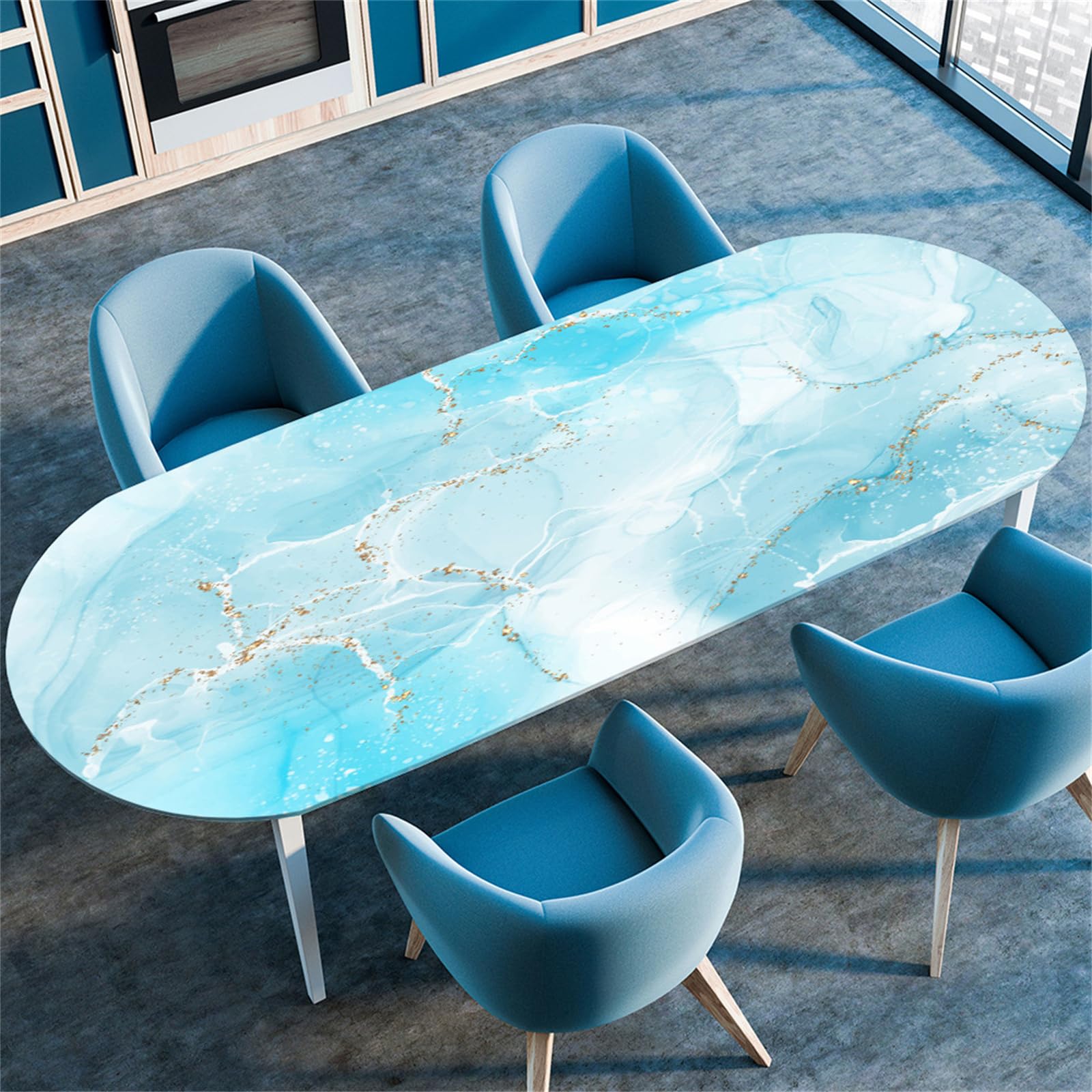 Treer Marble Print Oval Fitted Tablecloth, Antifouling Table Cloth Wipe Clean Tablecloth,Tablecloths with Elastic Edge,for Kitchen Dinning Outdoor Oval Tablecloth (122x183cm/48 x72,Light Blue)
