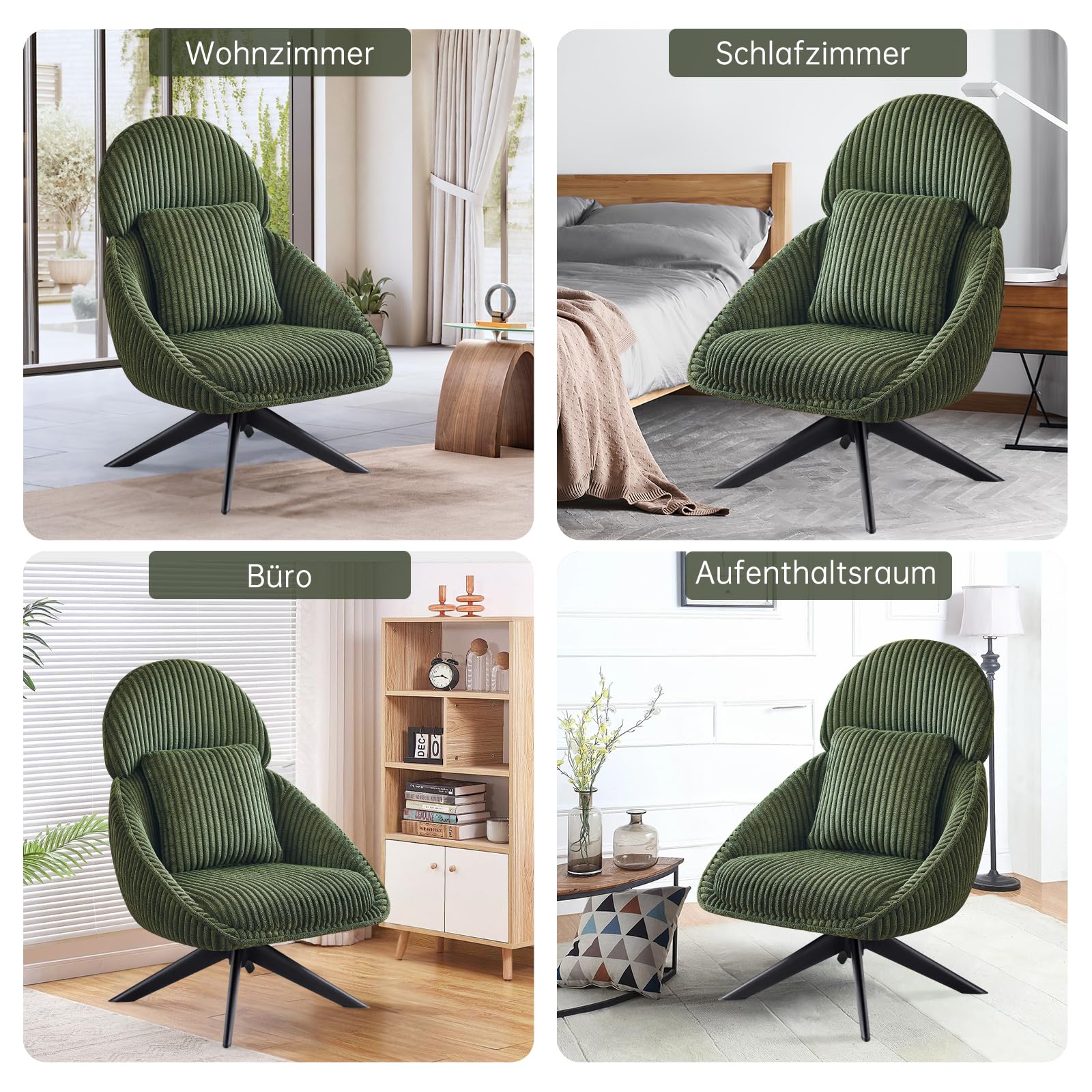 Loungesessel Sessel Wohnzimmer 360°Drehbar, Ohrensessel Armlehnstuhl Polsterstuhl mit dickem Abnehmbares Wurfkissen, Lesesessel Relaxsessel für Wohnzimmer Schlafzimmer Büro, Grün