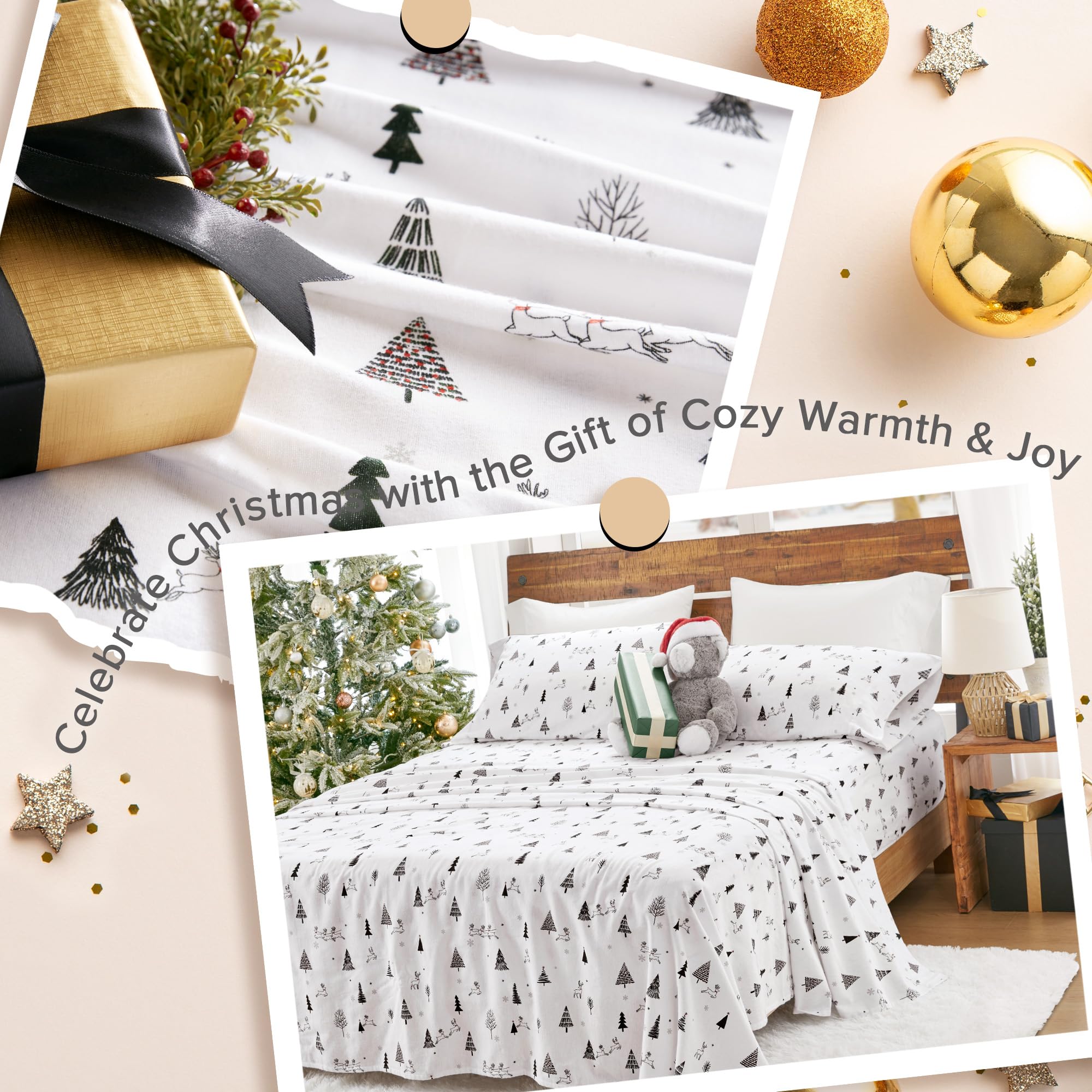 Comfort Spaces 4-częściowy zestaw pościeli flanelowej Queen, 100% bawełna, wyjątkowo miękki i przytulny zestaw z kieszenią na materac 35 cm, pasuje na materac do 40 cm, Reindeer Village