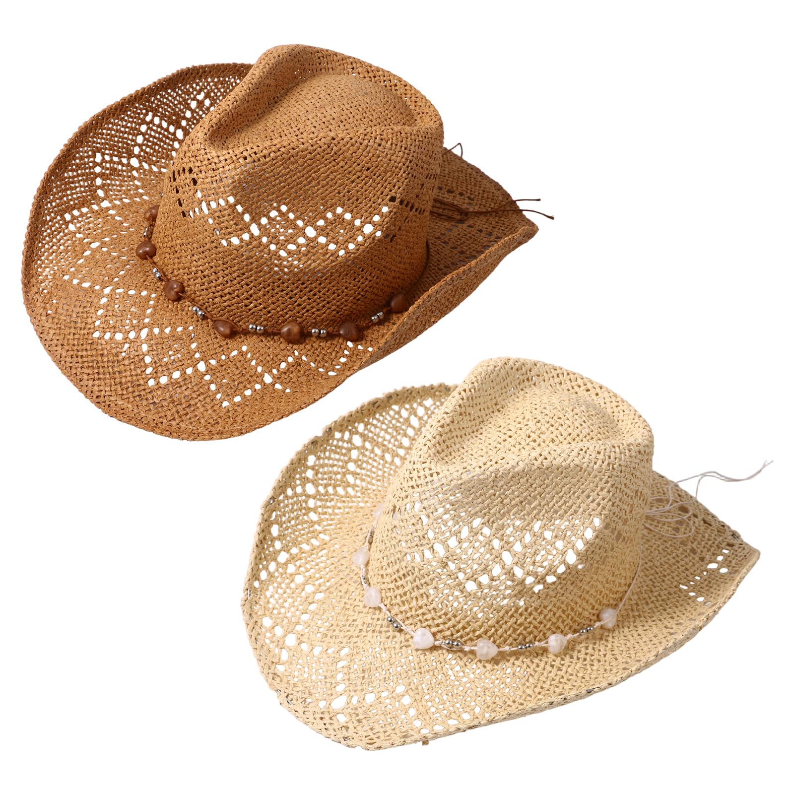 JewelryWe Boho Strohhut Sonnenhut für Damen, Western Cowboyhut mit 2 austauschbaren Schmuckketten Atmungsaktiver Strandhut UV Schutz Sommerhut mit Krempe für Strand