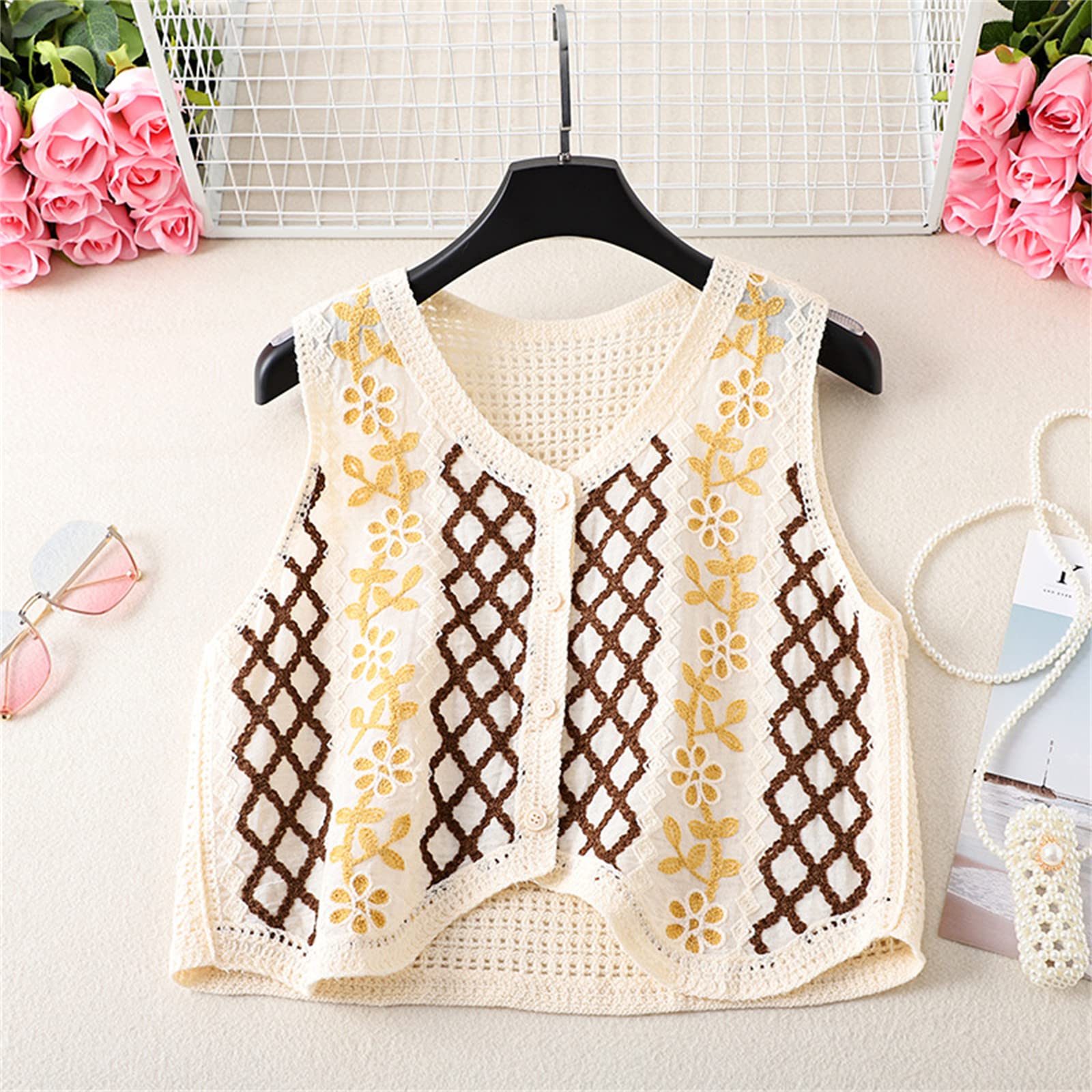 URTERYSER Women Vest, Women Crochet Knit Diamond Sweater